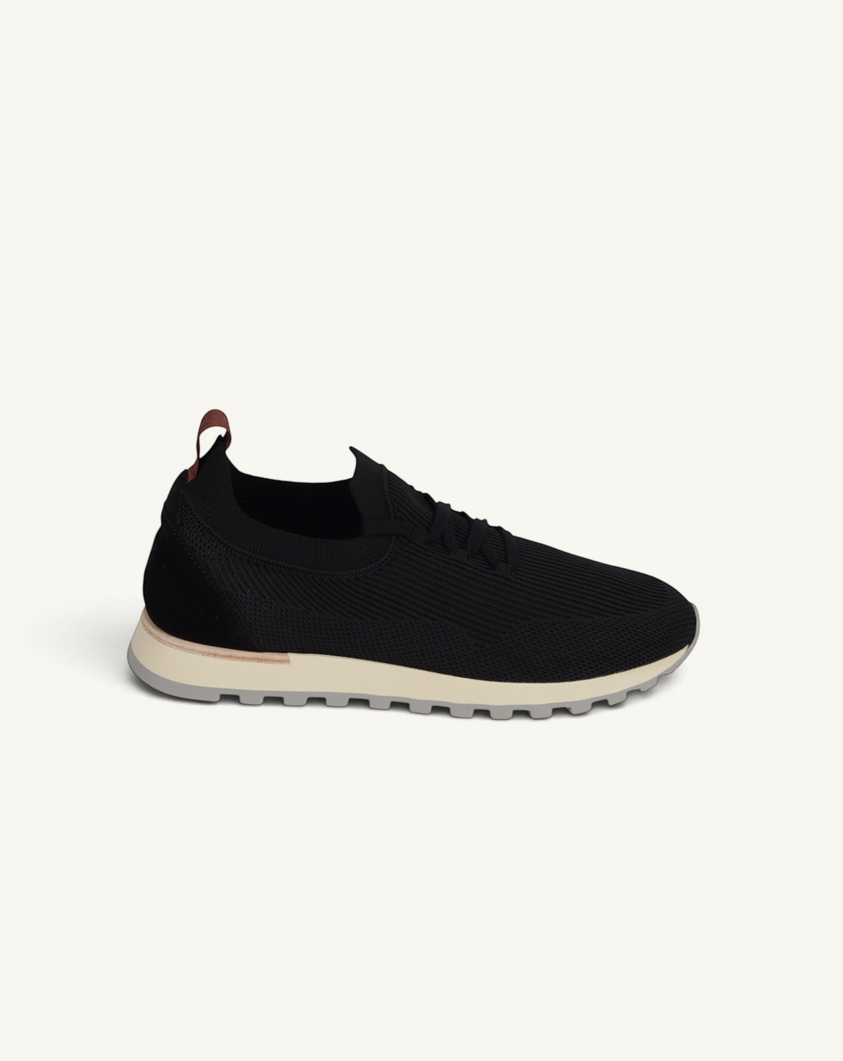Prestige PS-U5316 Flexy Active black knit running shoe with a beige textured midsole and a small red heel pull tab.