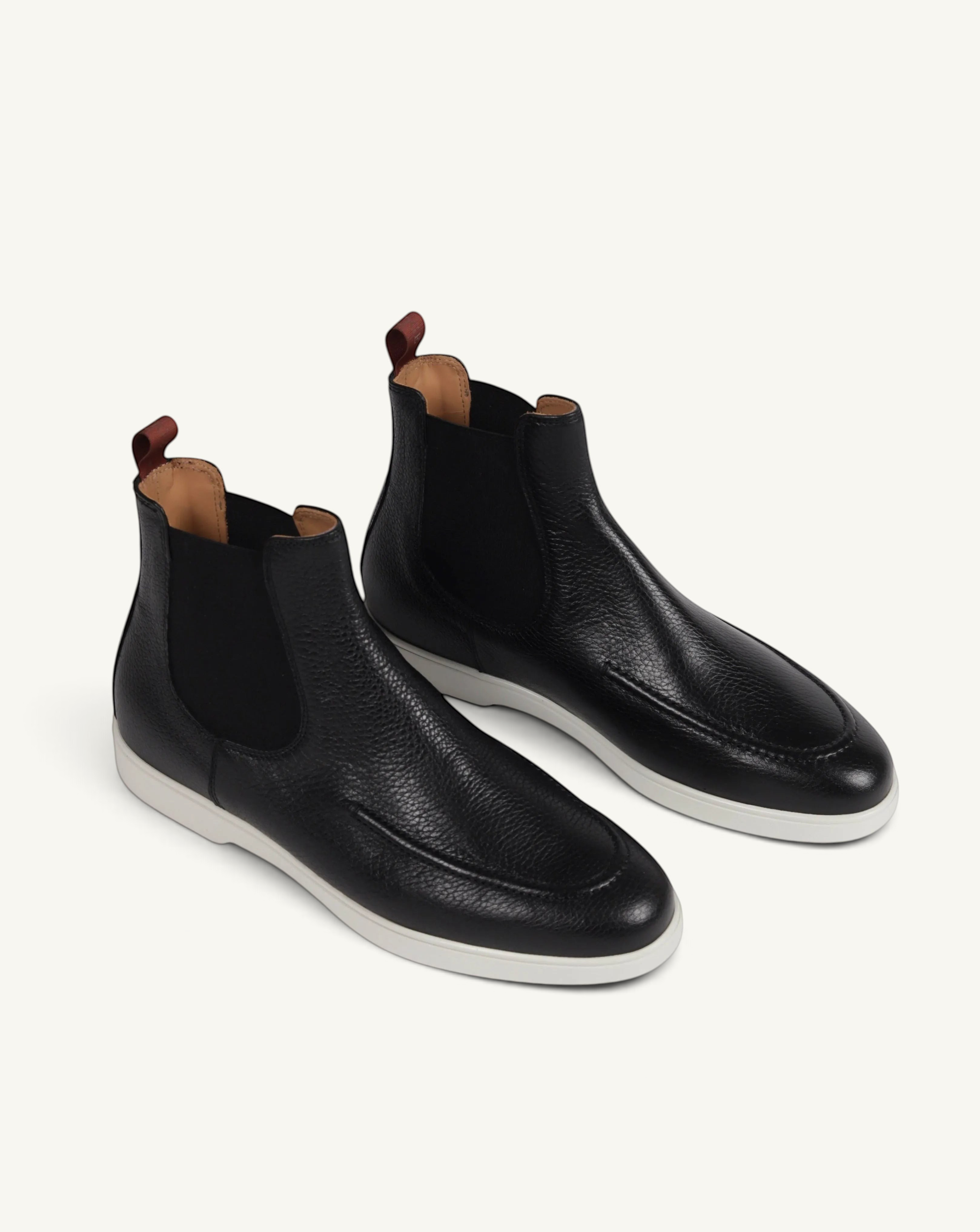 Prestige black grain deer leather Chelsea boots with elastic side panels and a contrasting white rubber sole