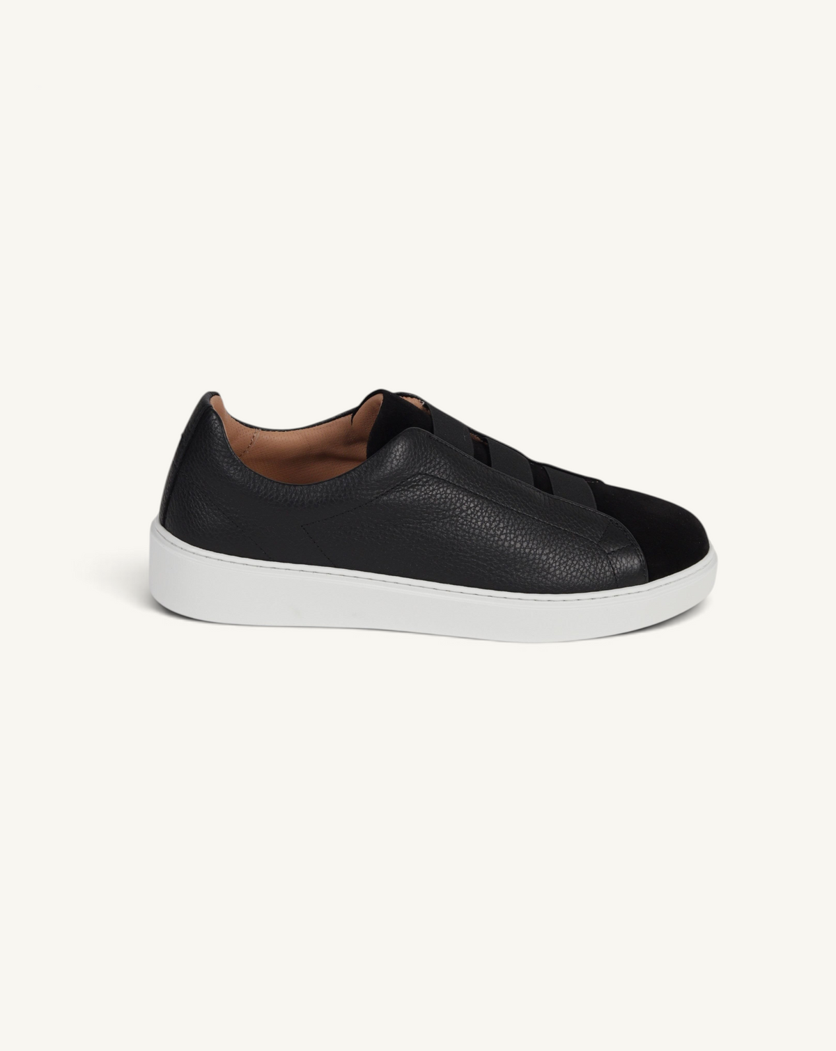 Prestige black grain leather and velour sneakers with triple stitch detailing and a white rubber sole
