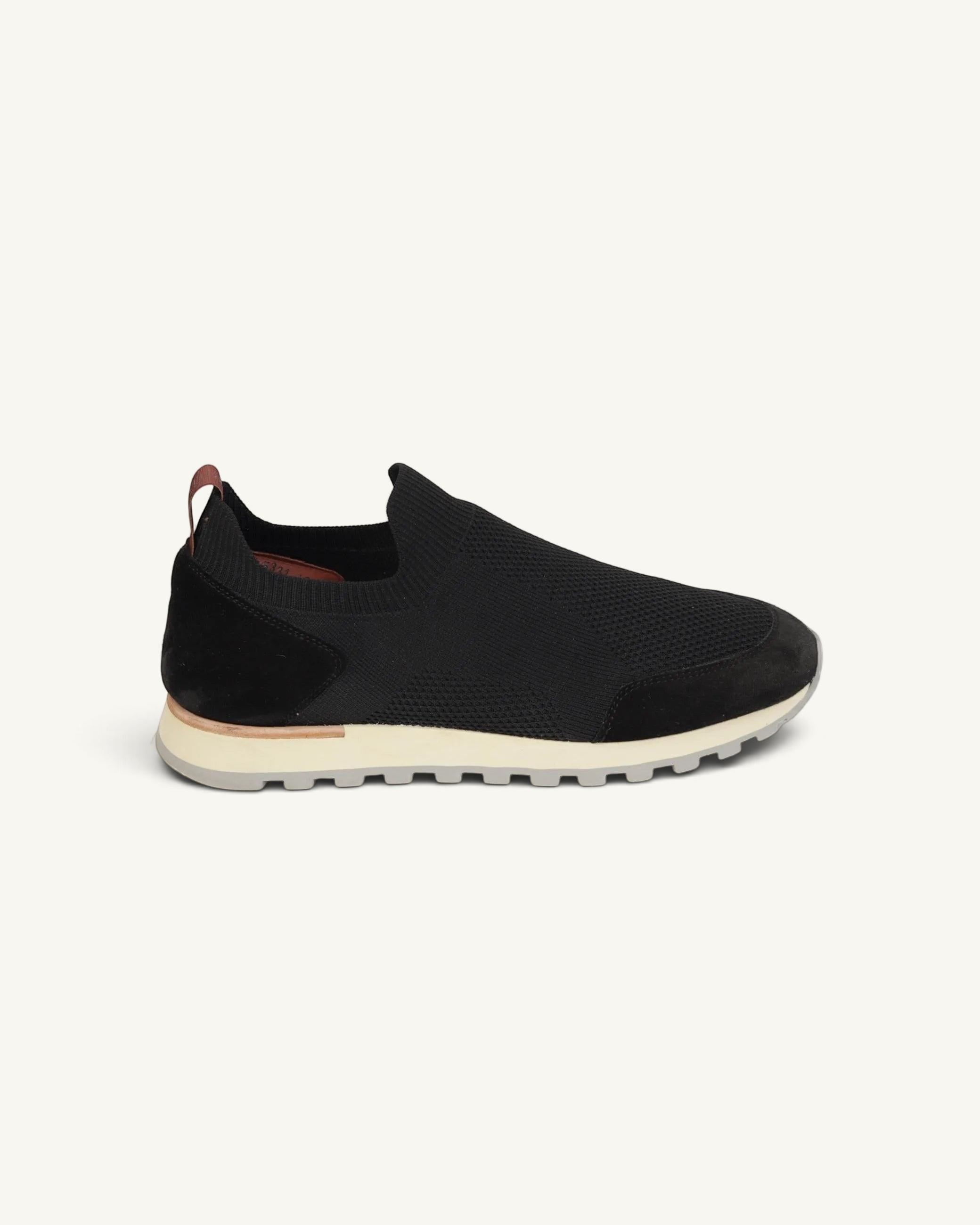 Prestige Flexy Lux active runner sneakers in black knit fabric with suede detailing and a white lugged sole
