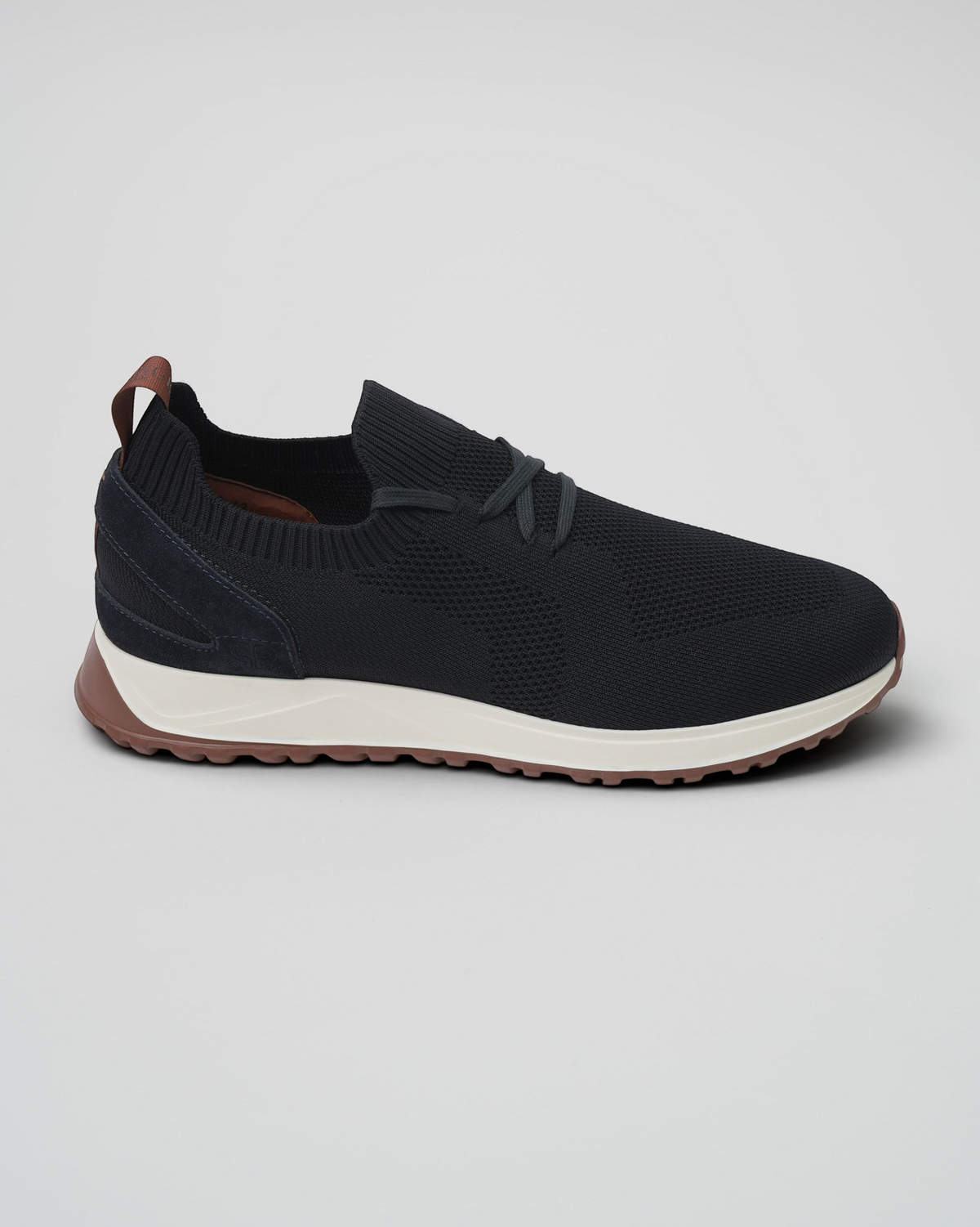 Prestige XLR Maverick Walk XL Lux black knit sneaker with a white midsole and brown heel tab detail