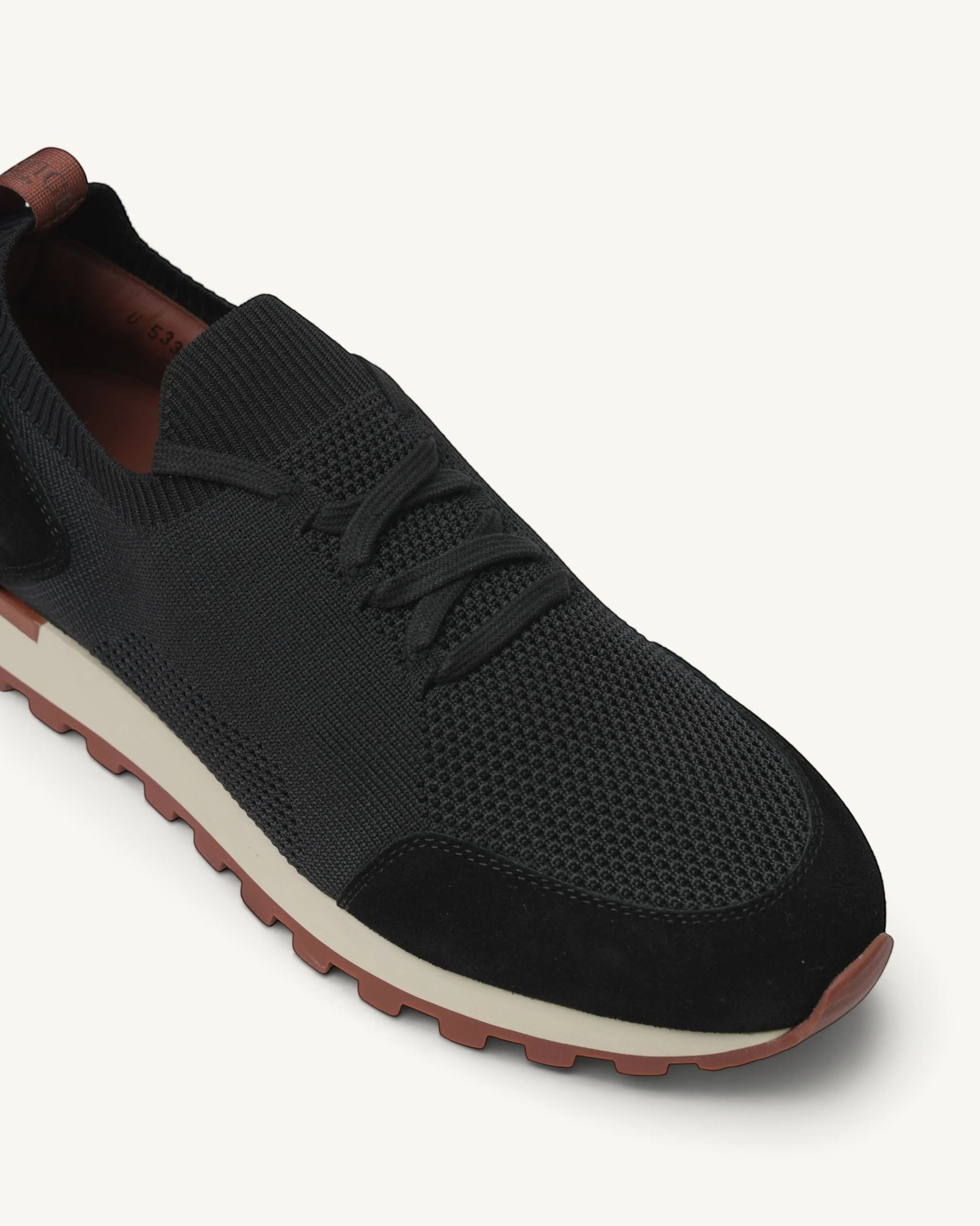 Prestige Flexy Lux black knit sneakers with suede toe cap and beige lugged sole