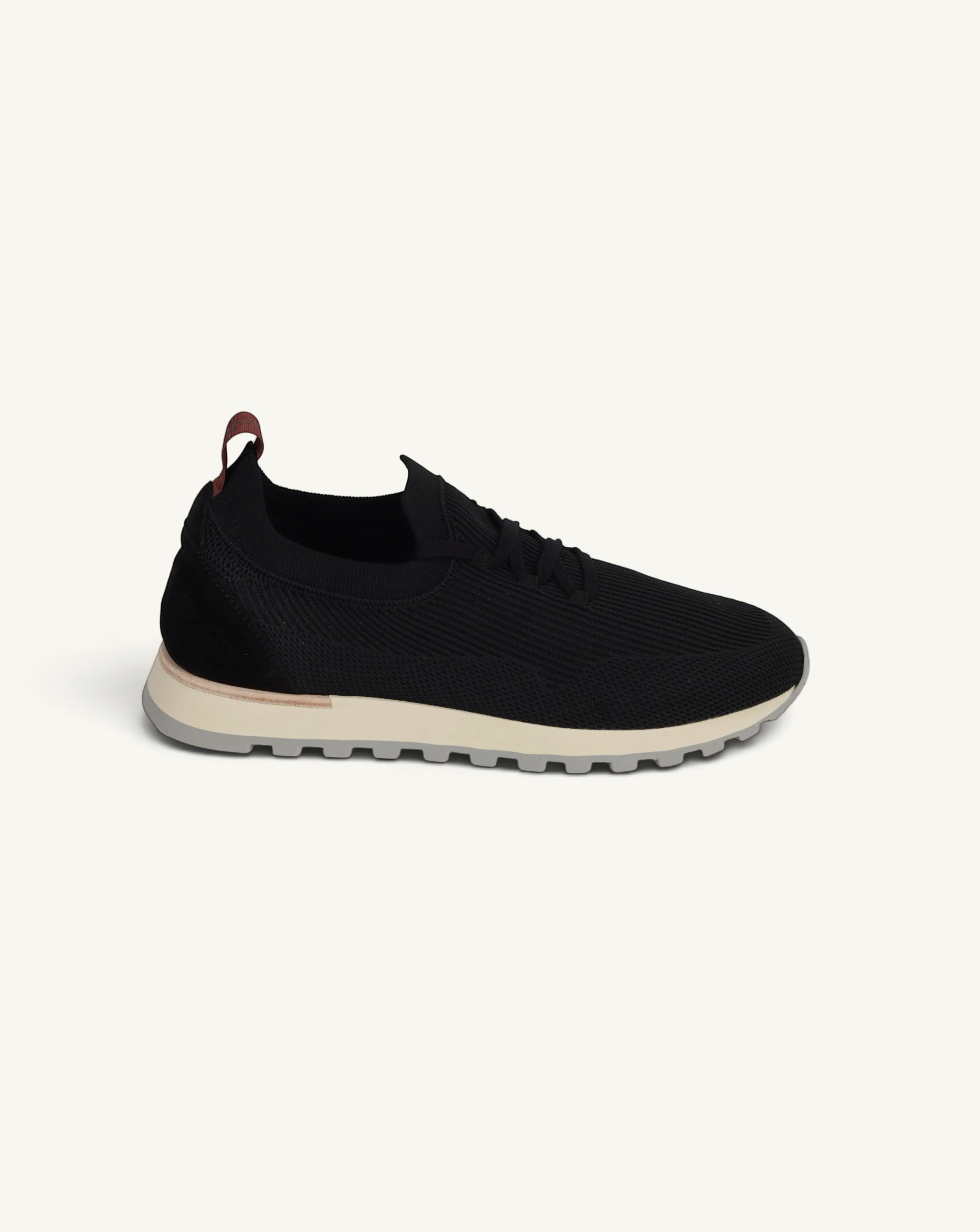 Prestige PS-U5318 Flexy Walk black knit sneakers with a beige lug sole and a small burgundy heel pull tab