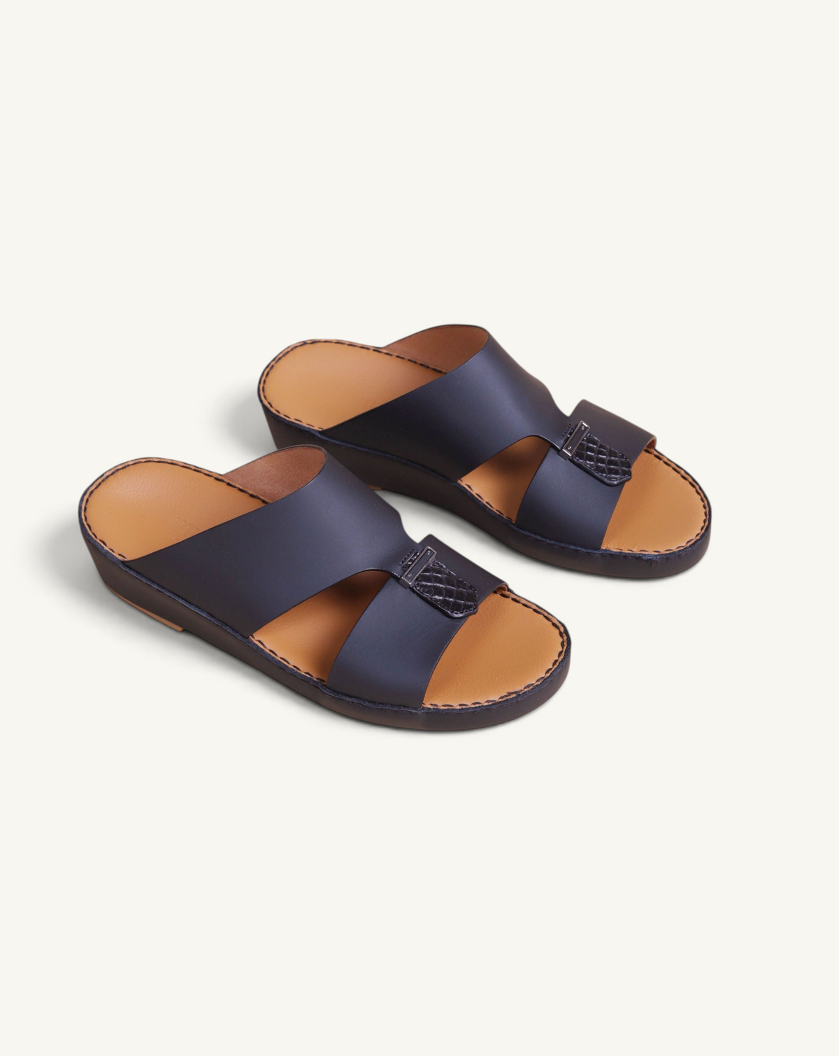 Prestige P3301 Le Mans black leather sandals featuring a crocodile-textured strap detail and tan leather footbed.