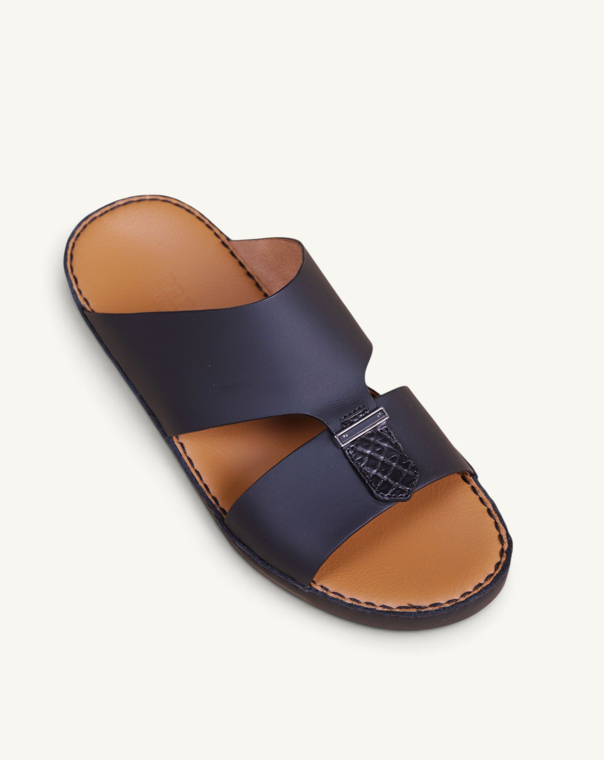 Prestige P3301 Le Mans black leather slide sandals with a crocodile-textured accent and silver buckle detail.