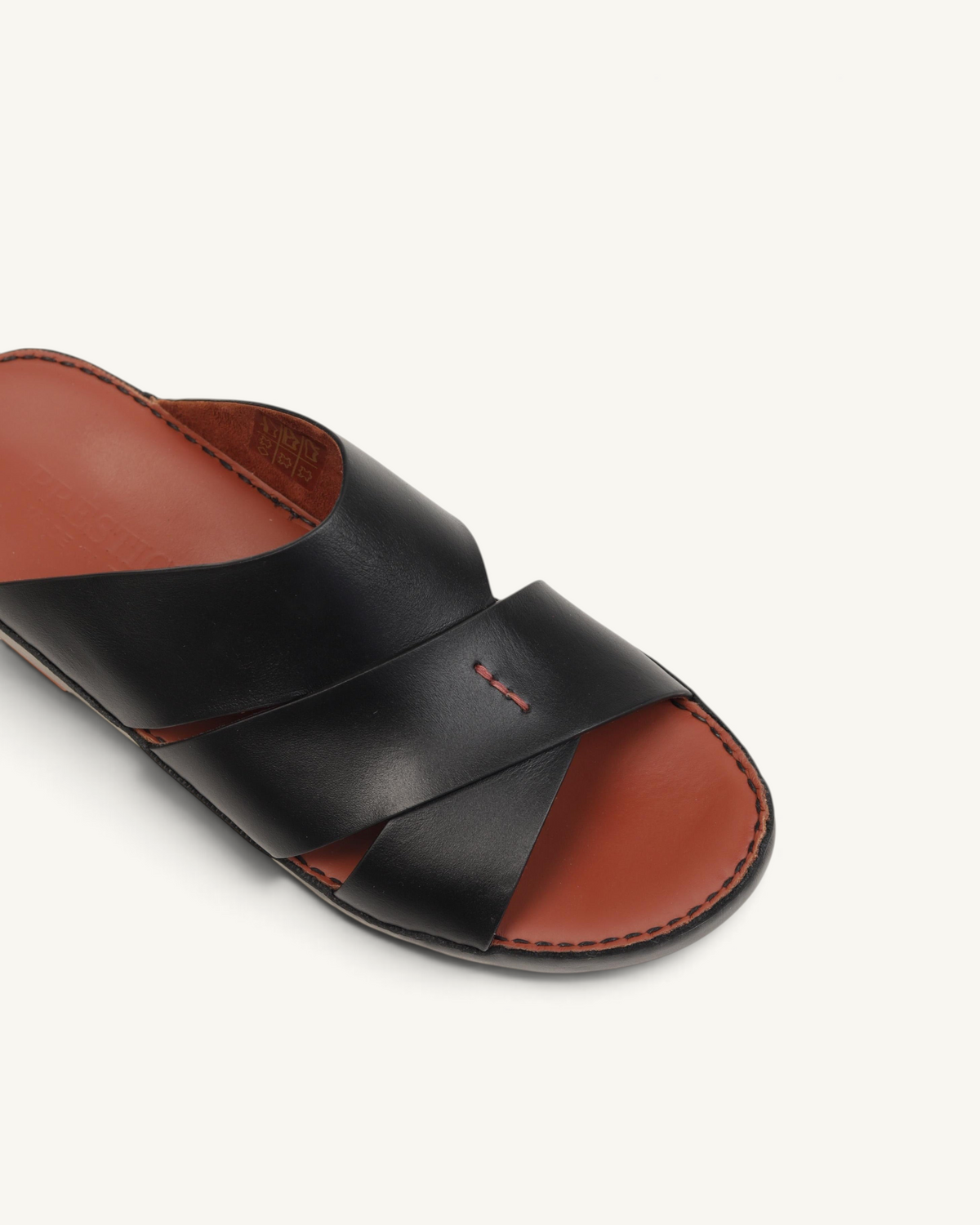 Prestige P3437 PALM LUX black napa calf leather slide sandals with a brown footbed and cross-strap design