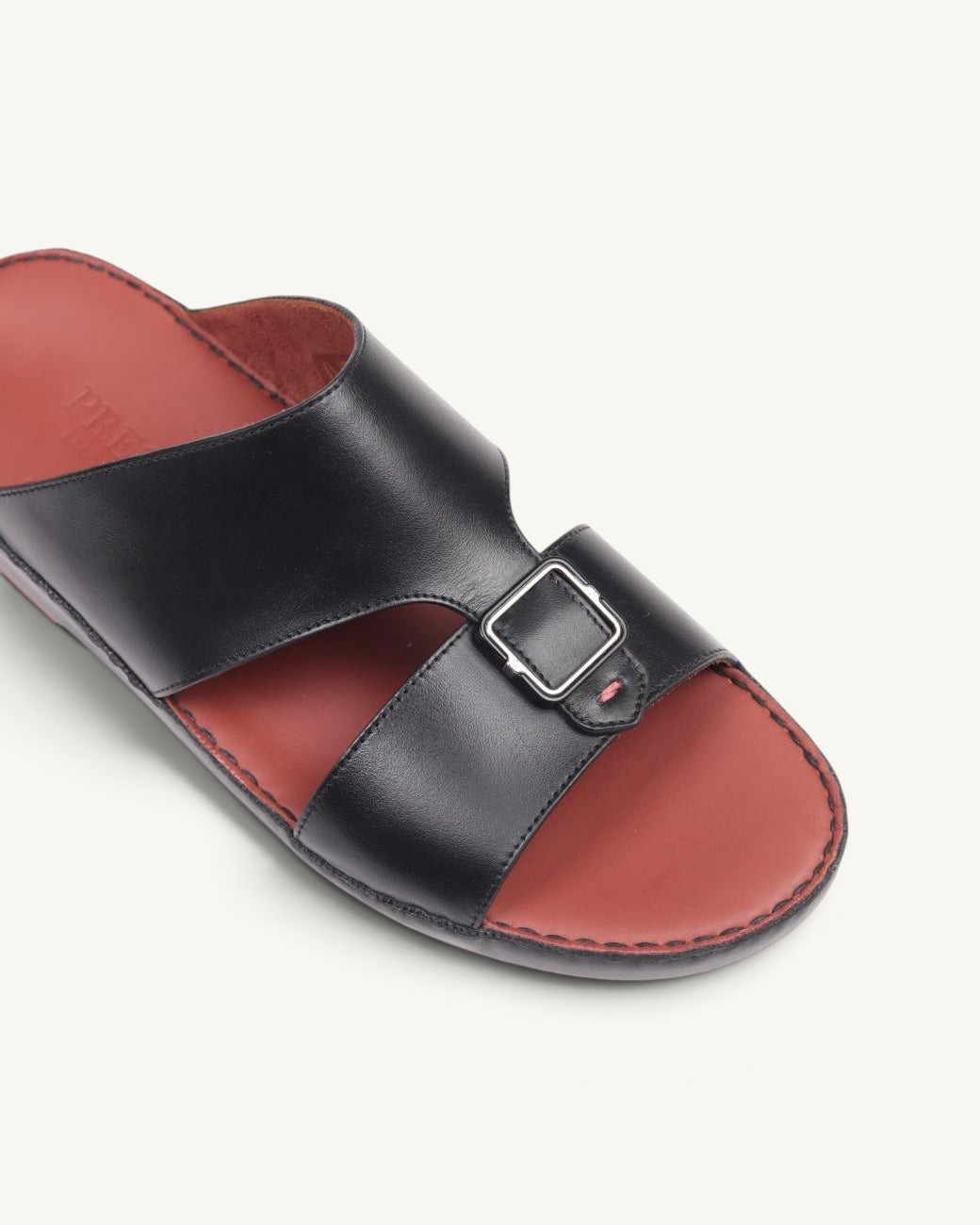 Prestige P3439 LEGACY LUX black napa leather slide sandal with a silver buckle and red footbed