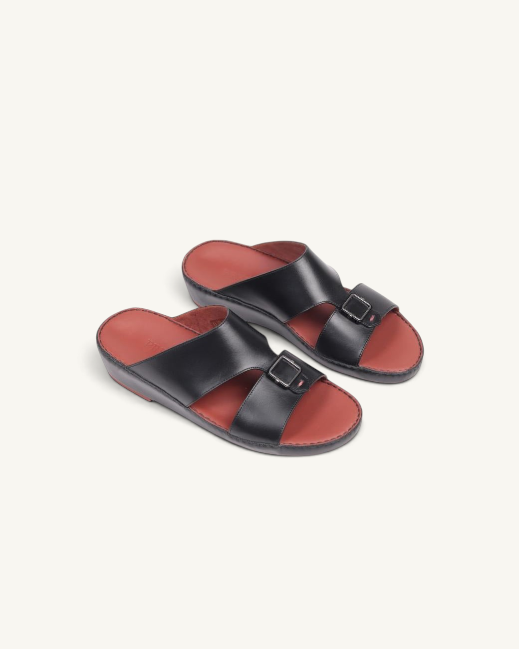 Prestige P3439 LEGACY LUX black napa leather slide sandals with adjustable buckles and contrasting red footbeds