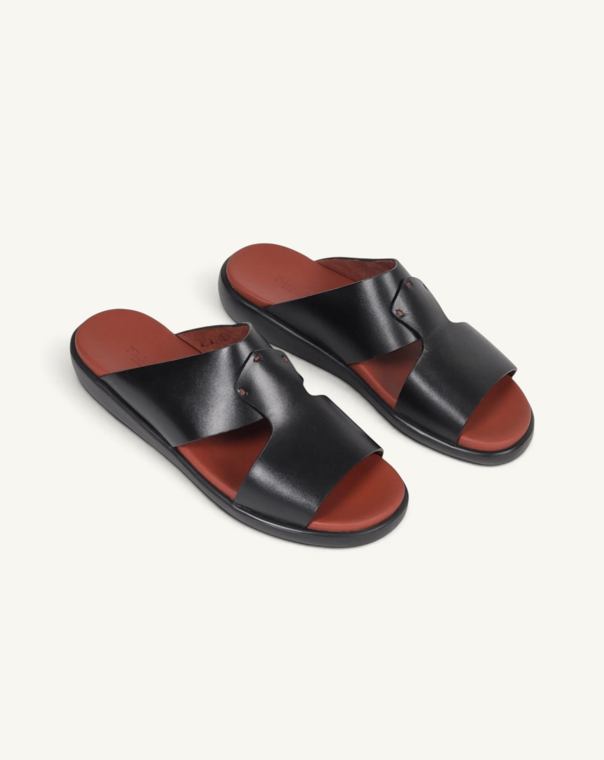 Prestige PSNC-XL2 slide sandals in black soft nappa calf leather with a contrasting rust-colored footbed