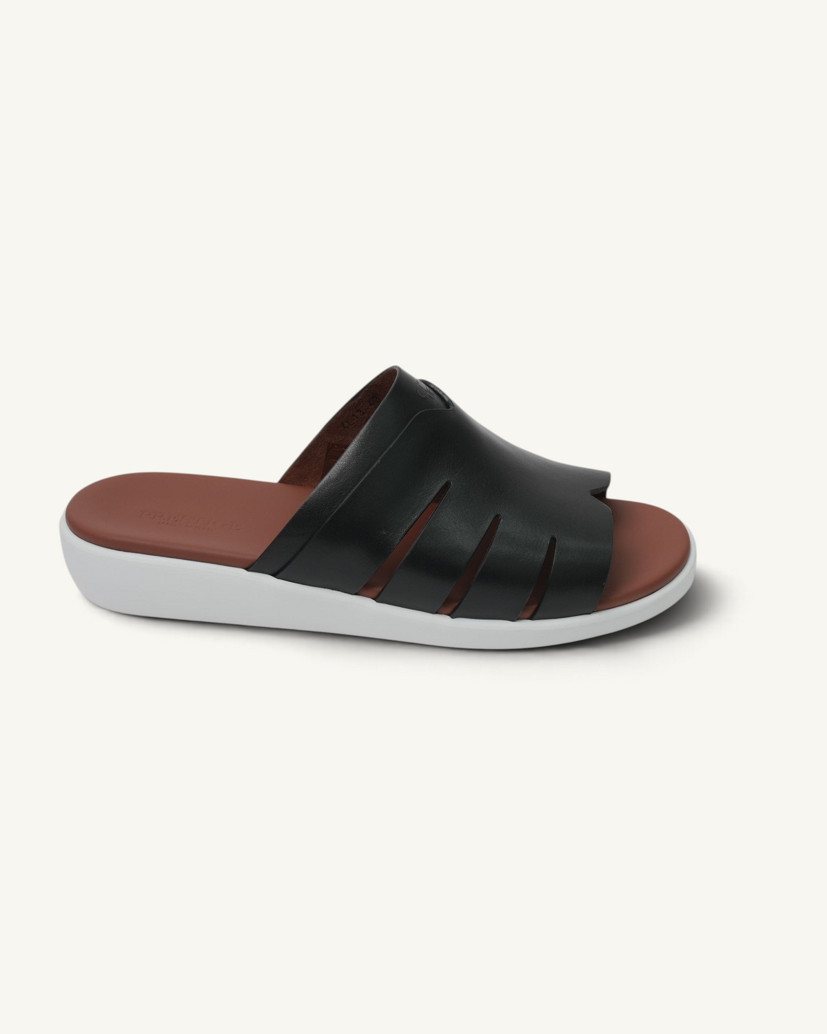 Prestige black soft nappa calf leather slide sandals with a brown footbed and white sporty sole