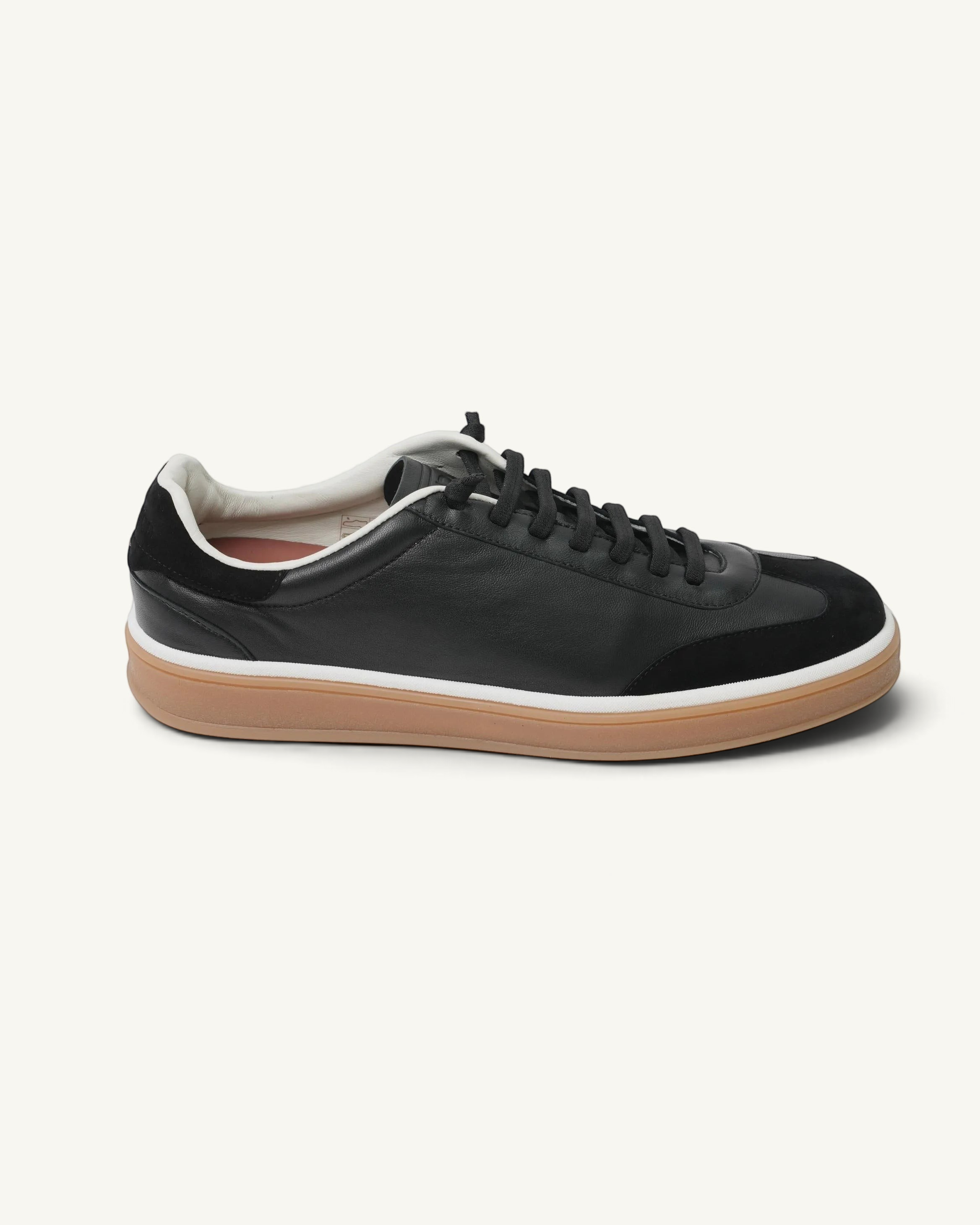 Prestige men's black nappa leather tennis sneaker with suede detailing and a gum rubber sole