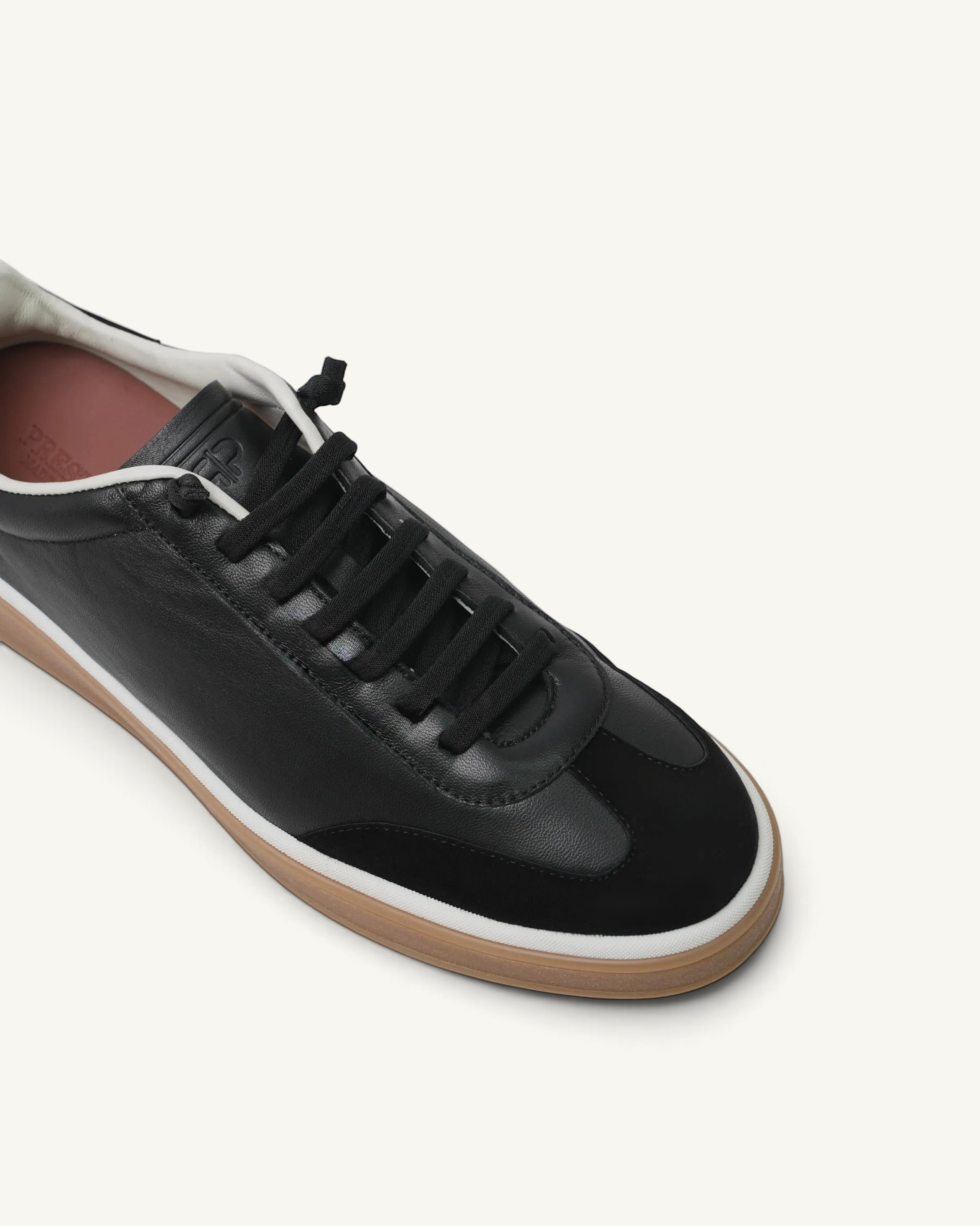 Prestige men's black nappa leather tennis sneaker with suede toe cap and gum rubber sole