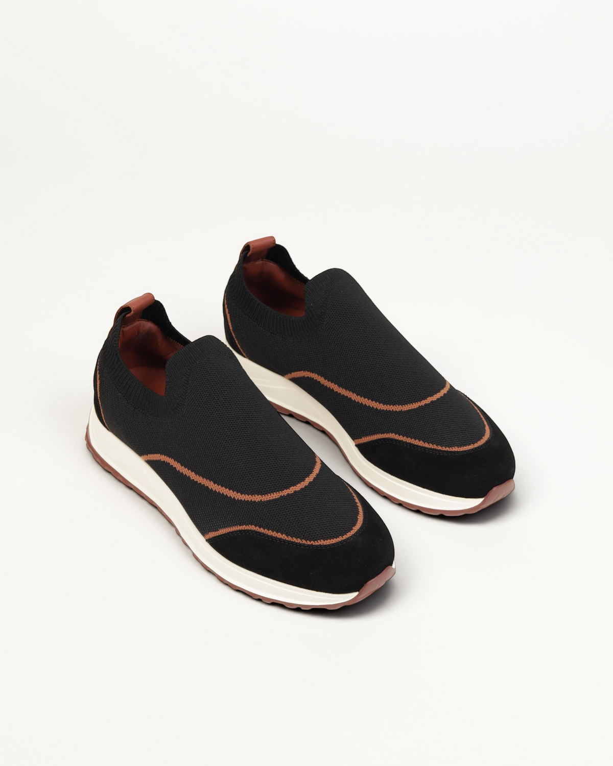 Prestige XLR Walk & Active black slip-on sneakers with brown trim and white cushioned soles