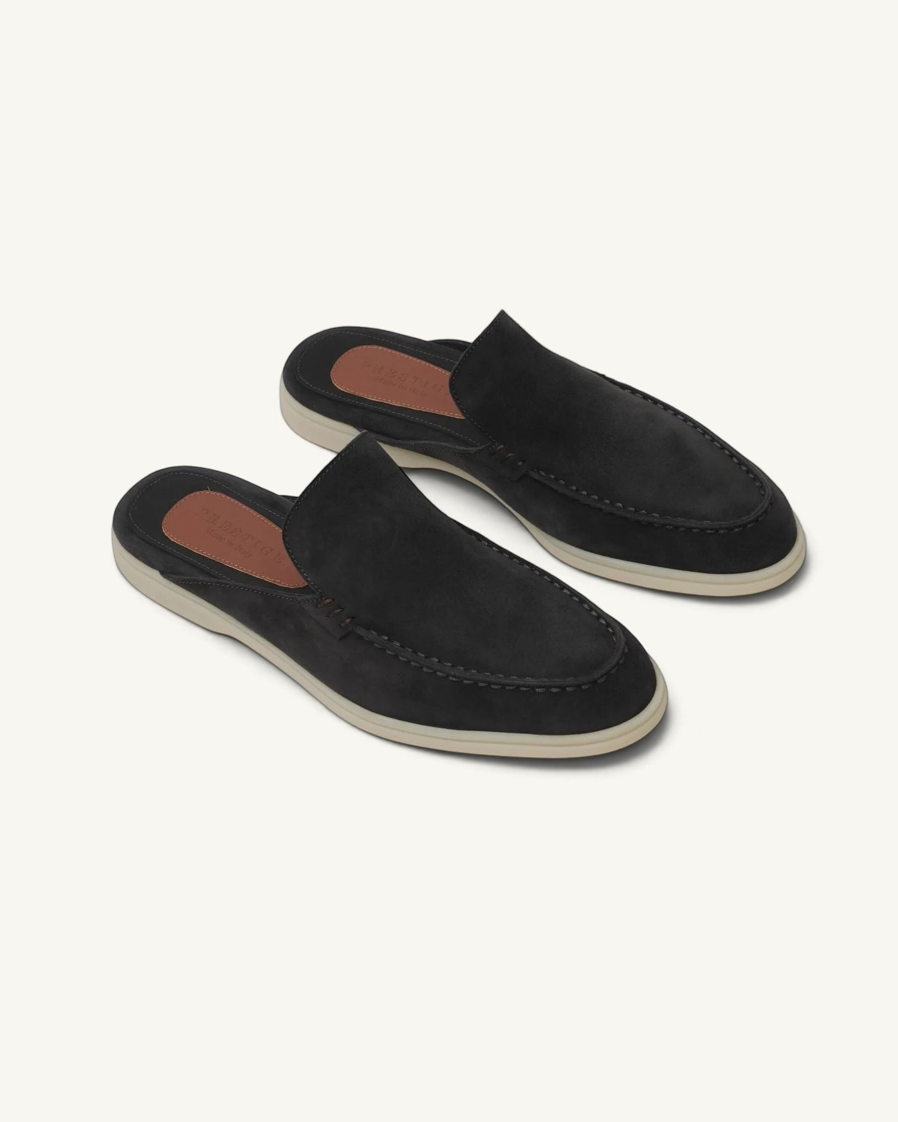 Prestige black suede babouche loafers with a slip-on design and contrast white rubber sole