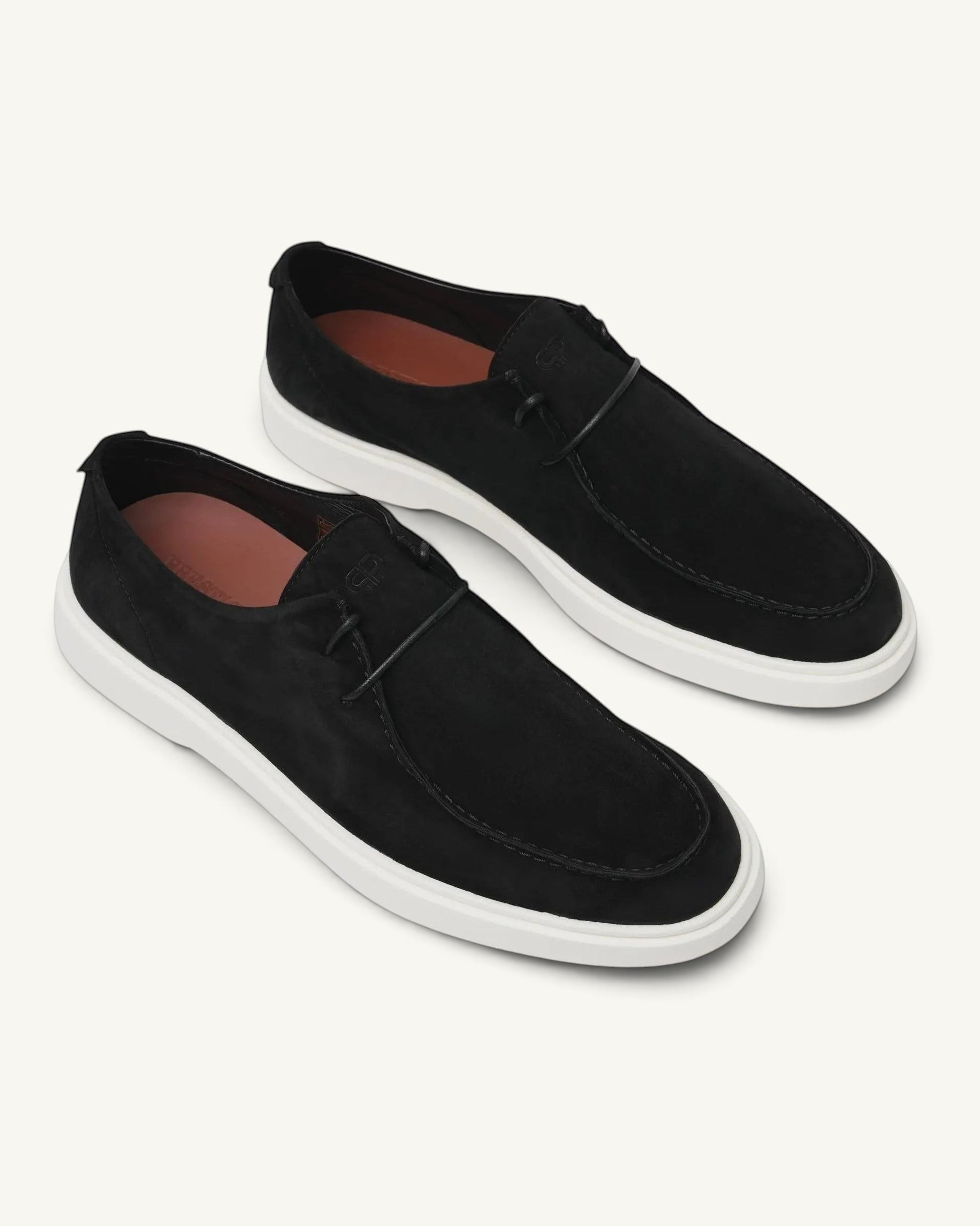 Prestige Playtime Reverse men's black suede loafers with a white rubber sole and subtle logo detail