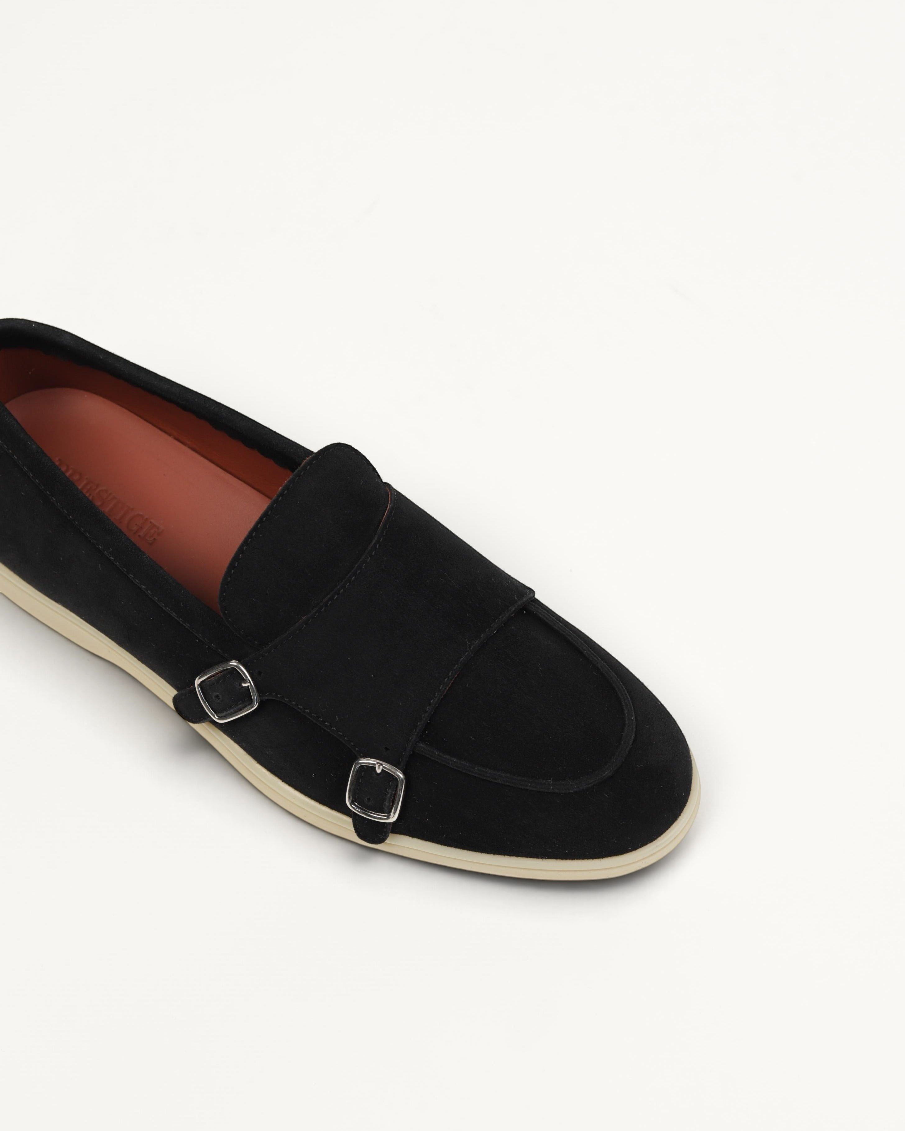 Prestige black velour monk strap loafer with silver buckles and a contrasting cream rubber sole