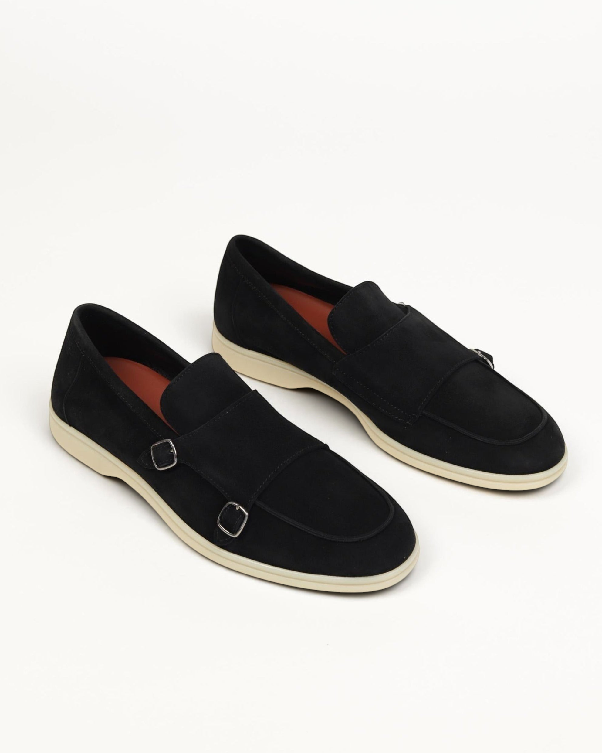 Prestige PS-U5338 black velour monk strap loafers with a white rubber sole on a white background
