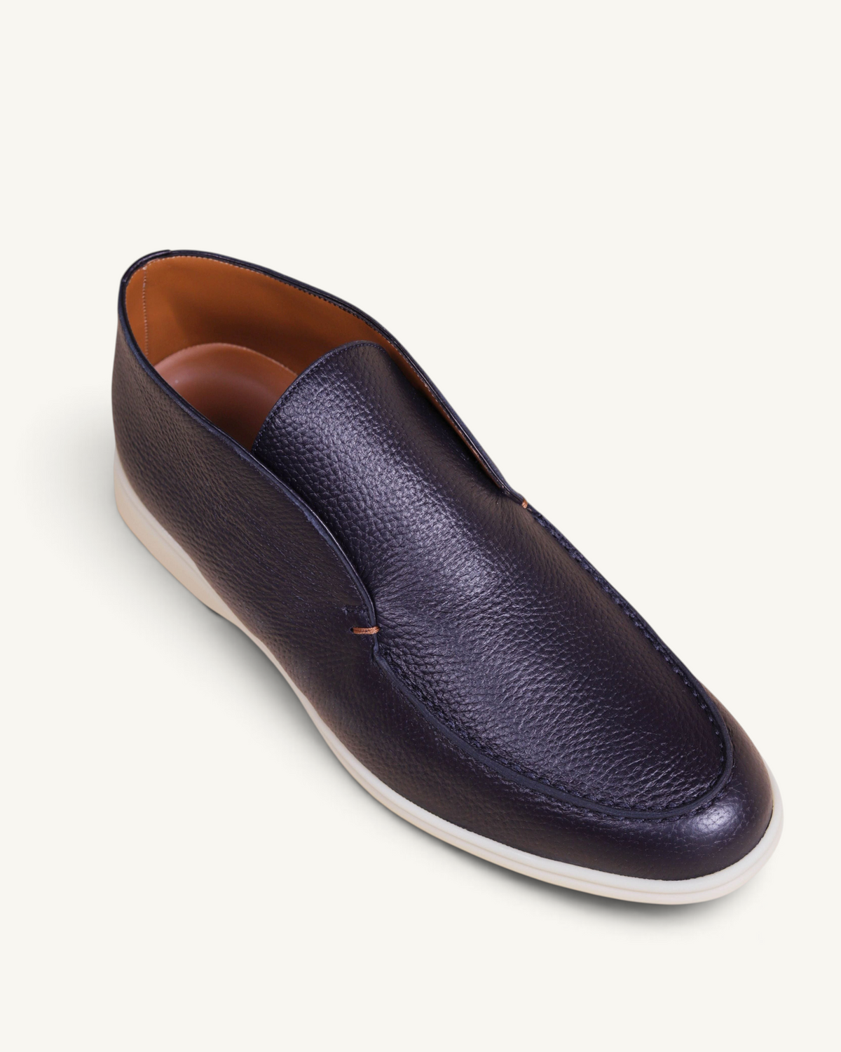 Prestige PDL092C ankle boot in blue deer leather with a sleek slip-on design and a contrasting white rubber sole.