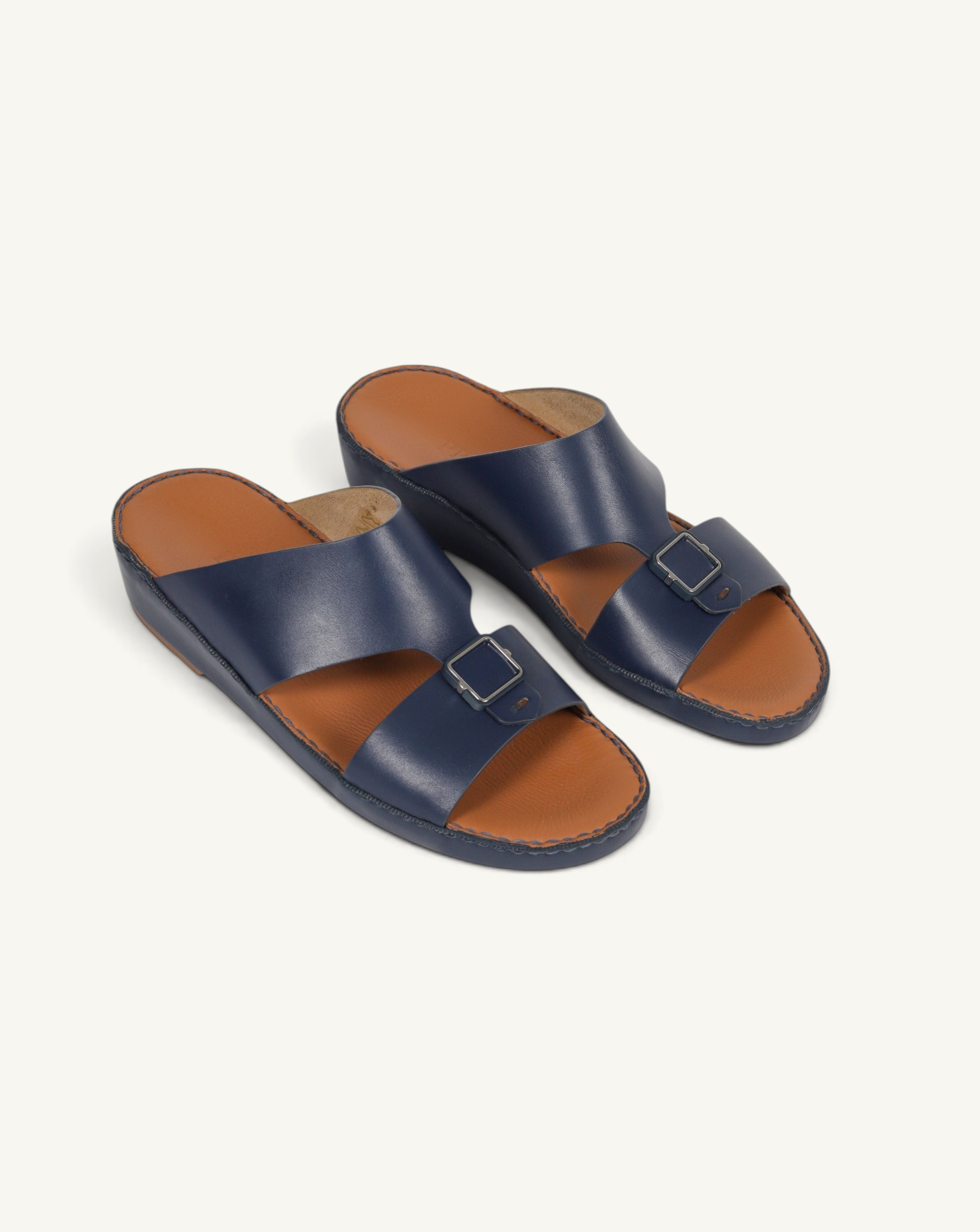 Prestige P1493 Legacy NC blue leather sandals with adjustable buckle straps and tan cushioned insoles