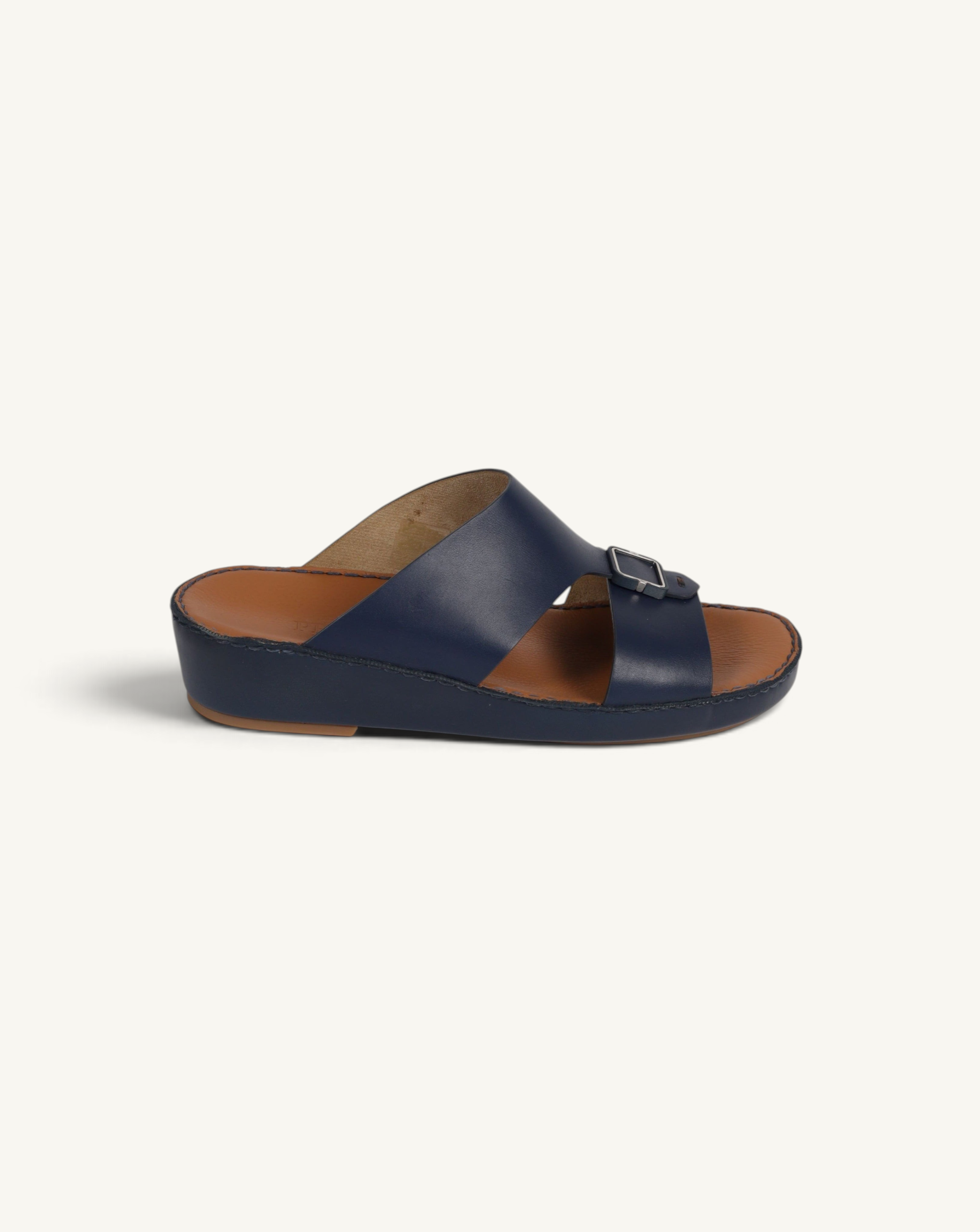 Prestige P1493 Legacy NC blue leather slide sandals with a silver buckle and brown footbed