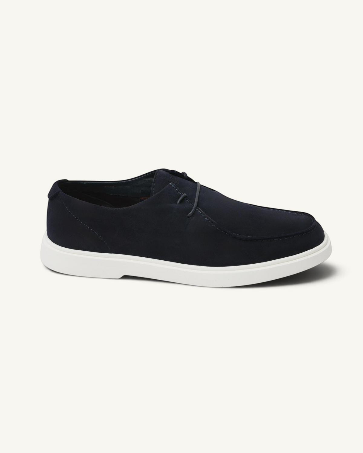 Prestige men's Playtime Reverse loafer in blue suede with a white rubber sole and minimalist lace detail