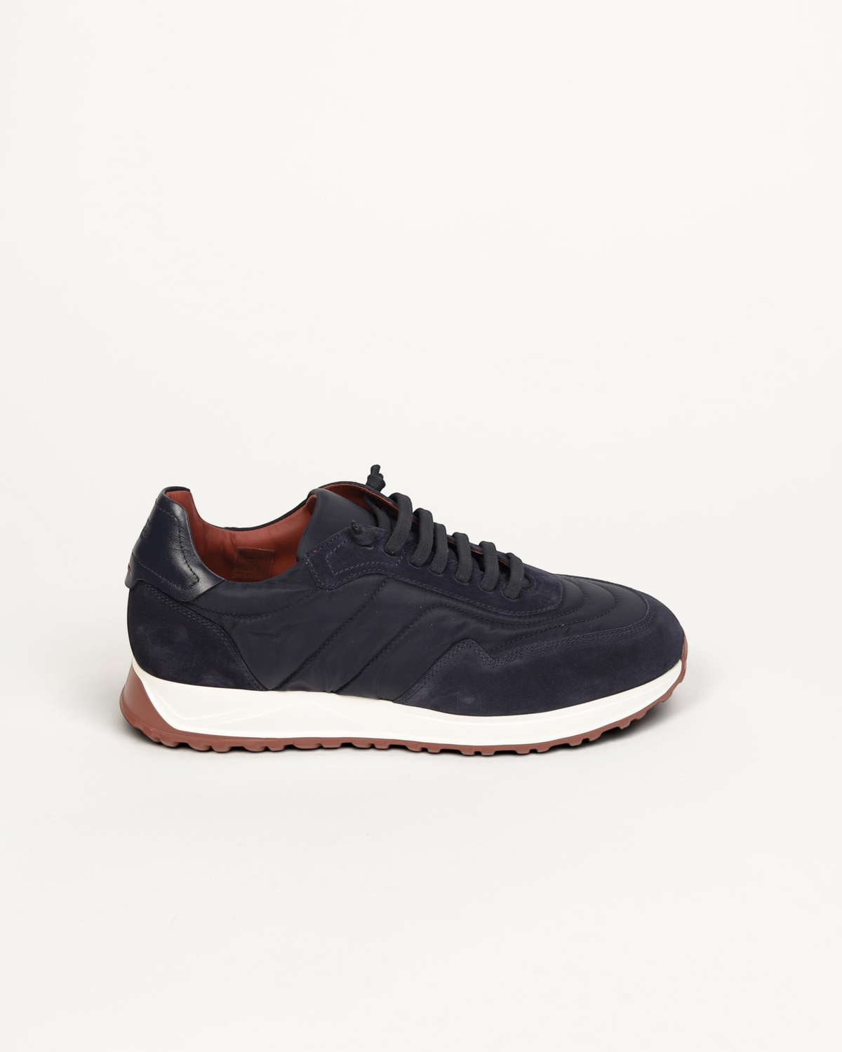 Prestige XLR Weekend Walk XL luxury blue suede and nylon sneakers with white midsole and brown rubber outsole