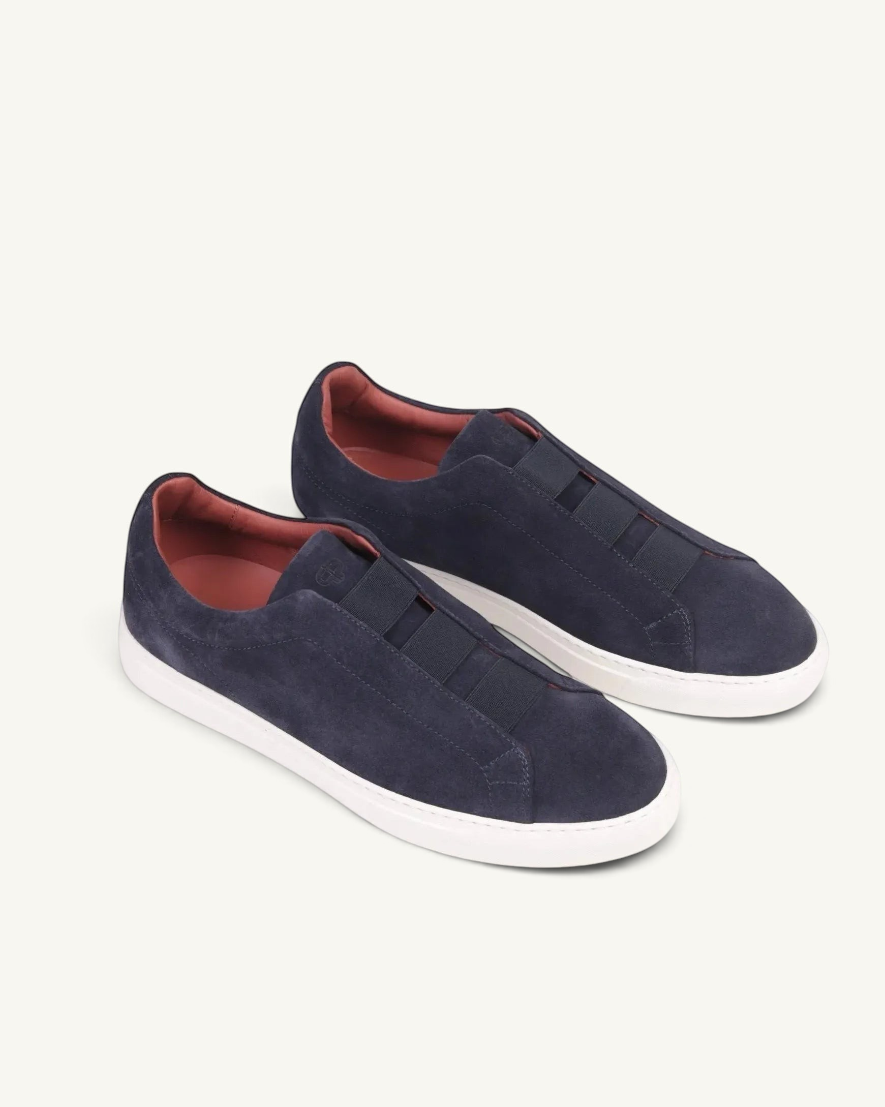 Prestige blue velour sneakers featuring triple stitch detailing and a lightweight white rubber sole.