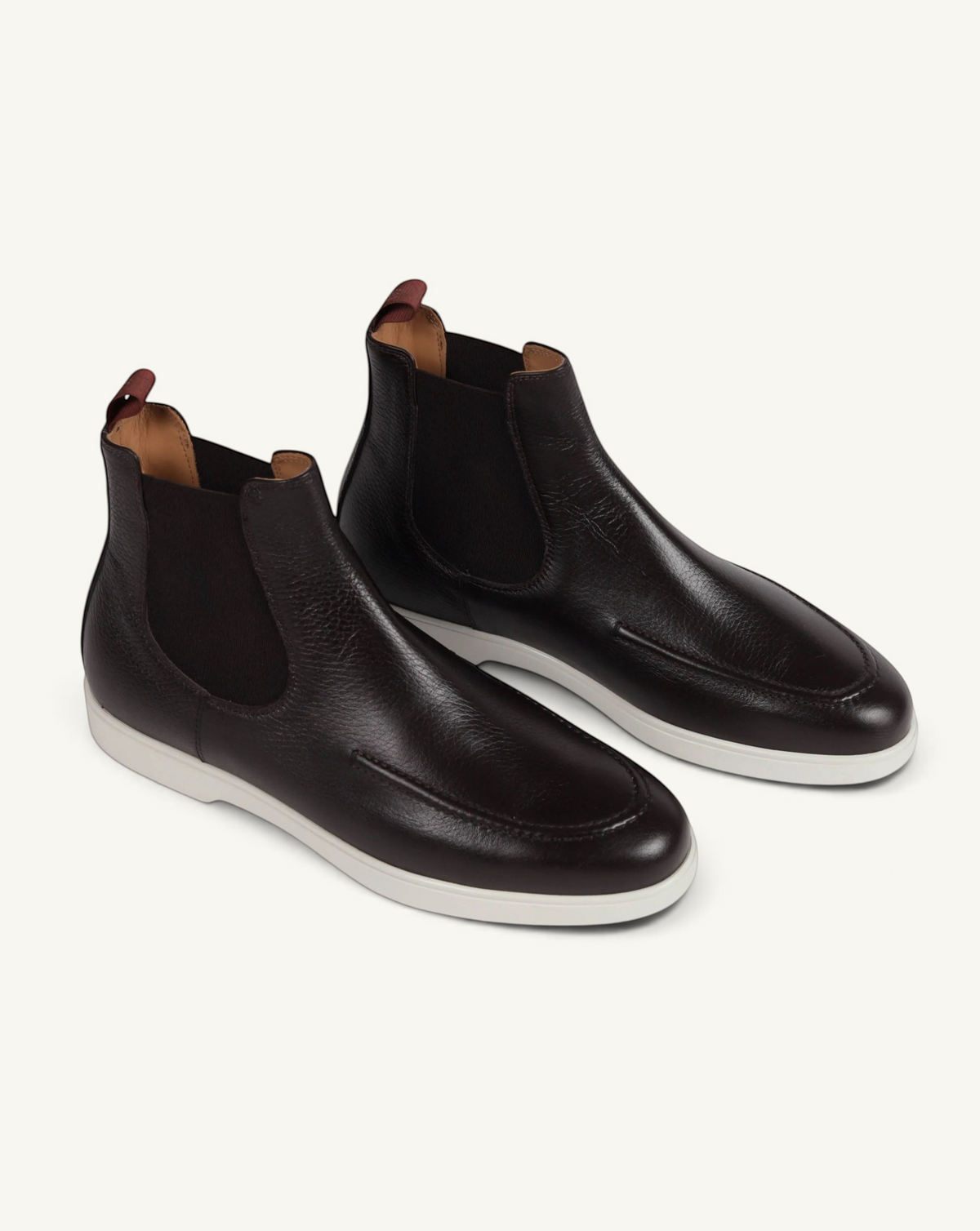 Prestige brown grain deer leather Chelsea boots with a white rubber sole and elastic side panels