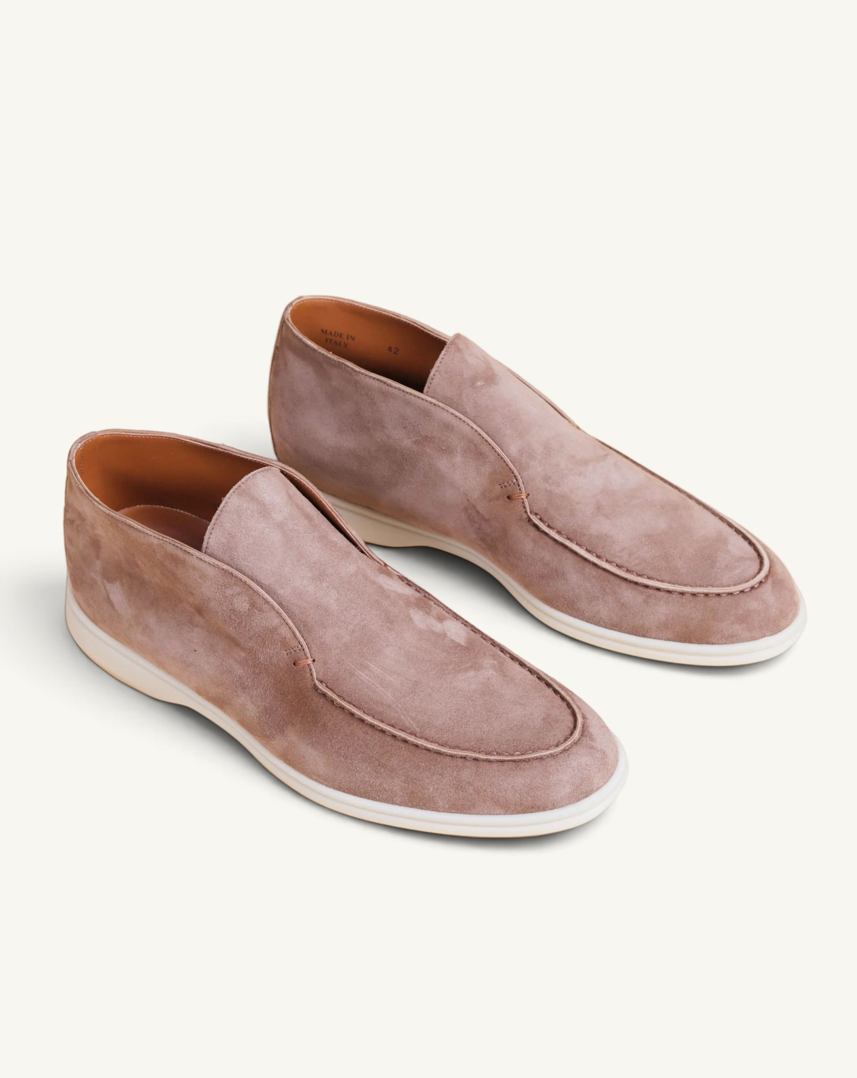 Prestige brown suede ankle boots with a slip-on design and white rubber soles, made in Italy.