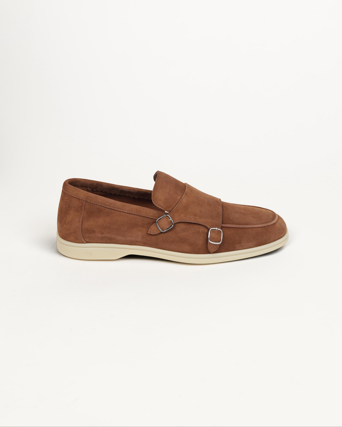 Prestige brown velour suede double monk strap loafer with silver buckles and a light beige rubber sole