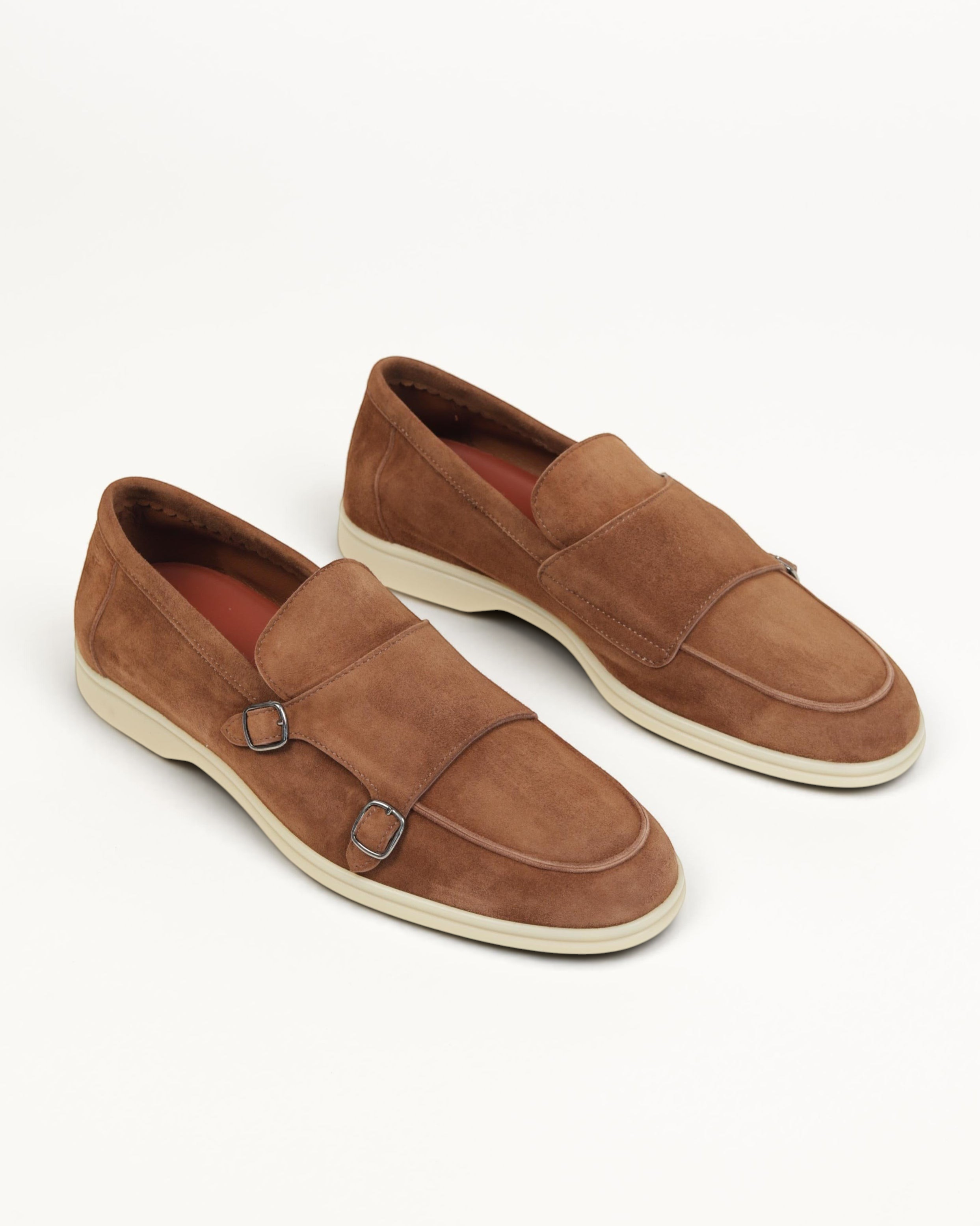 Prestige PS-U5338 brown velour suede monk strap loafers with double buckles and a white rubber sole