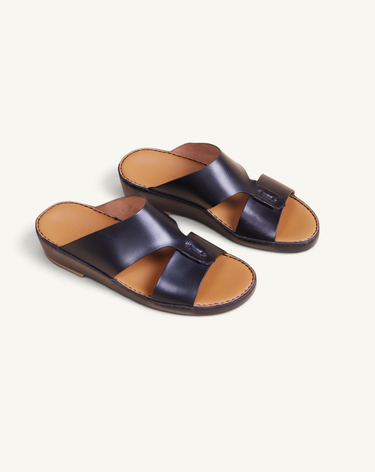 Prestige Caesar Goteborg black nappa leather slide sandals with tan insoles and a comfortable flat sole
