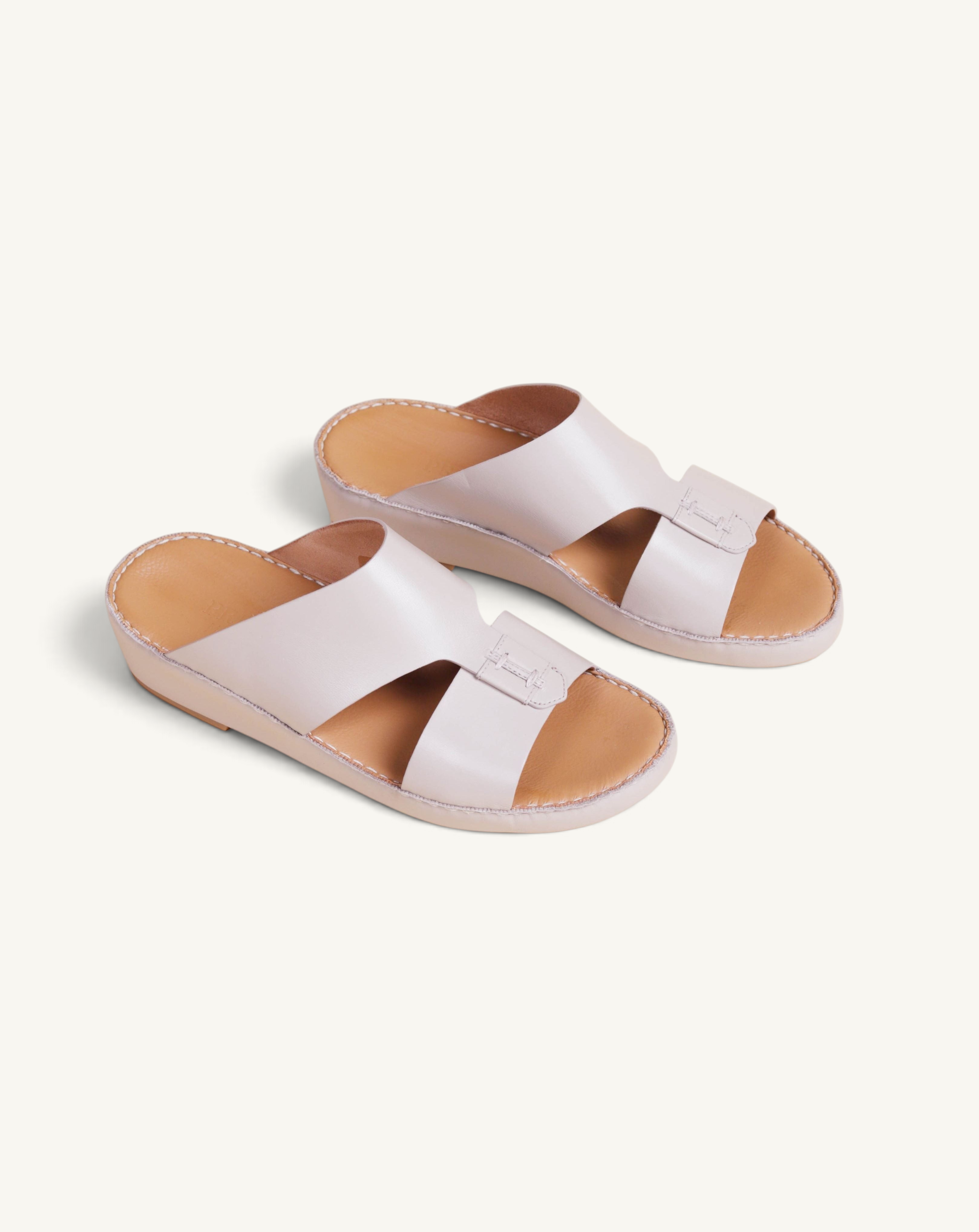 Prestige Caesar Goteborg taupe nappa leather slide sandals with a wide strap and comfortable cushioned footbed.