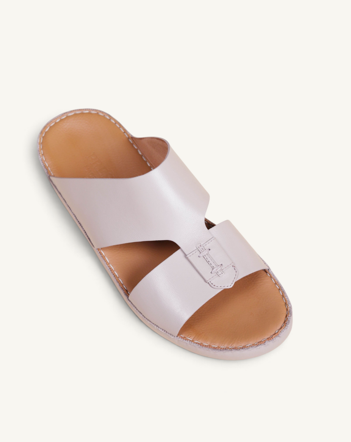 Prestige Caesar Goteborg slide sandals in taupe nappa leather with a wide strap and stitched detailing