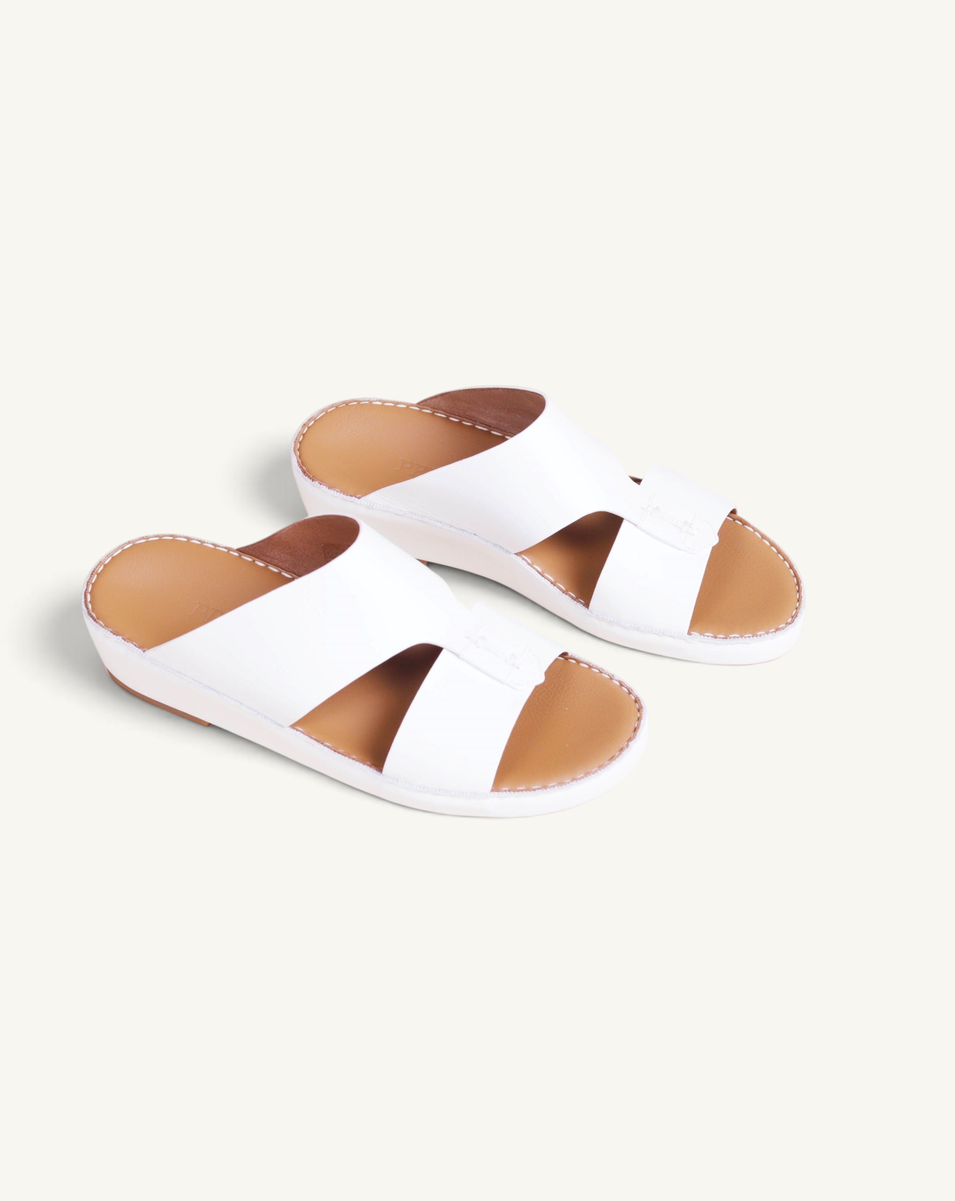 Prestige Caesar Goteborg white nappa leather slide sandals with tan insoles and white stitching