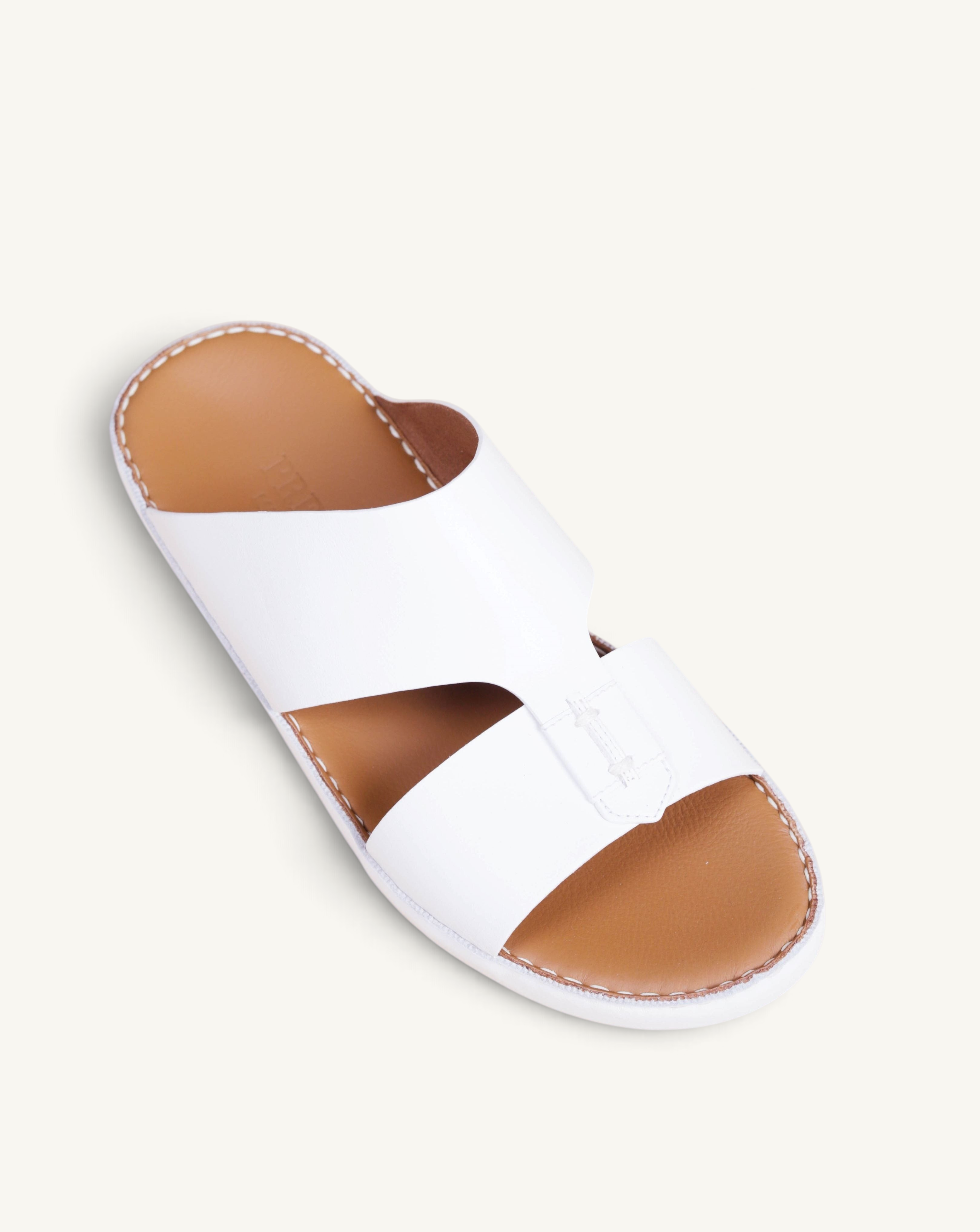 Prestige Caesar Goteborg white nappa leather slide sandals with tan footbed and contrast stitching