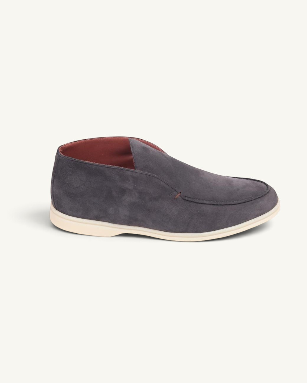 Prestige PSL092S ankle boot in caviar grey suede with a smooth slip-on design and a contrasting cream rubber sole.
