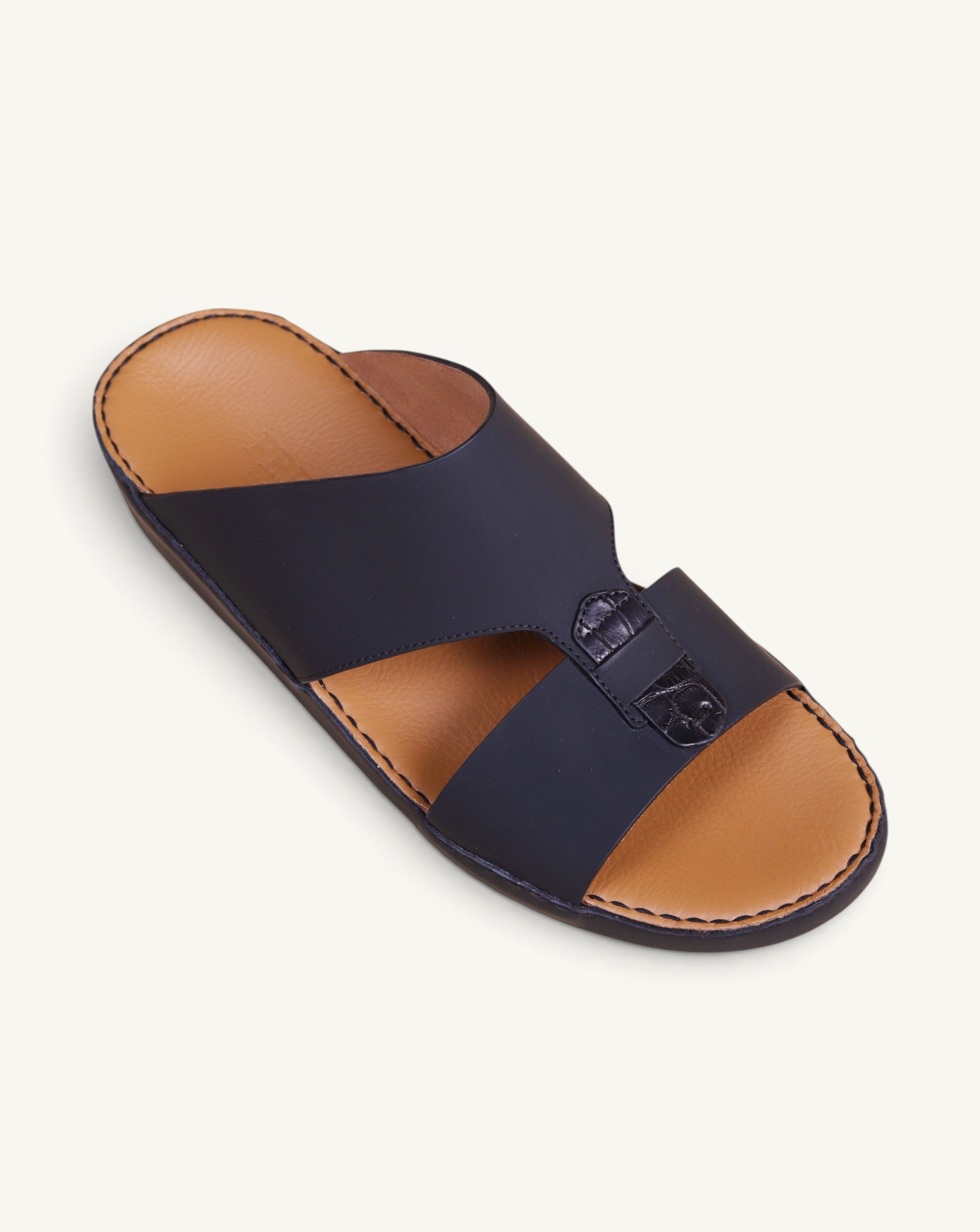 Prestige P3311 Centurion men's slide sandal in matte black leather with a crocodile-textured accent and tan footbed.