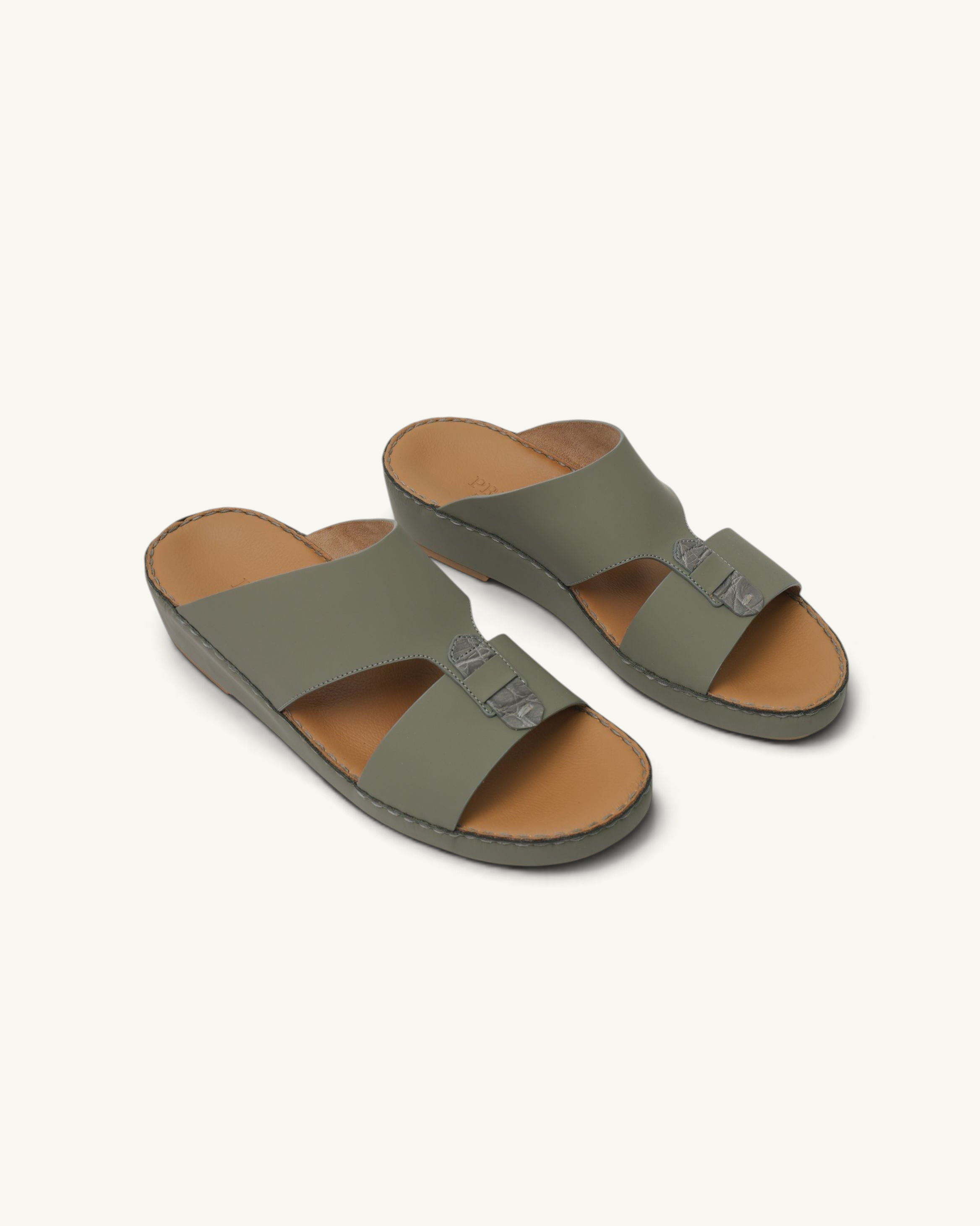 Prestige P3311 Centurion sandals in matt quarzo green with crocodile-textured leather accents and tan footbed.