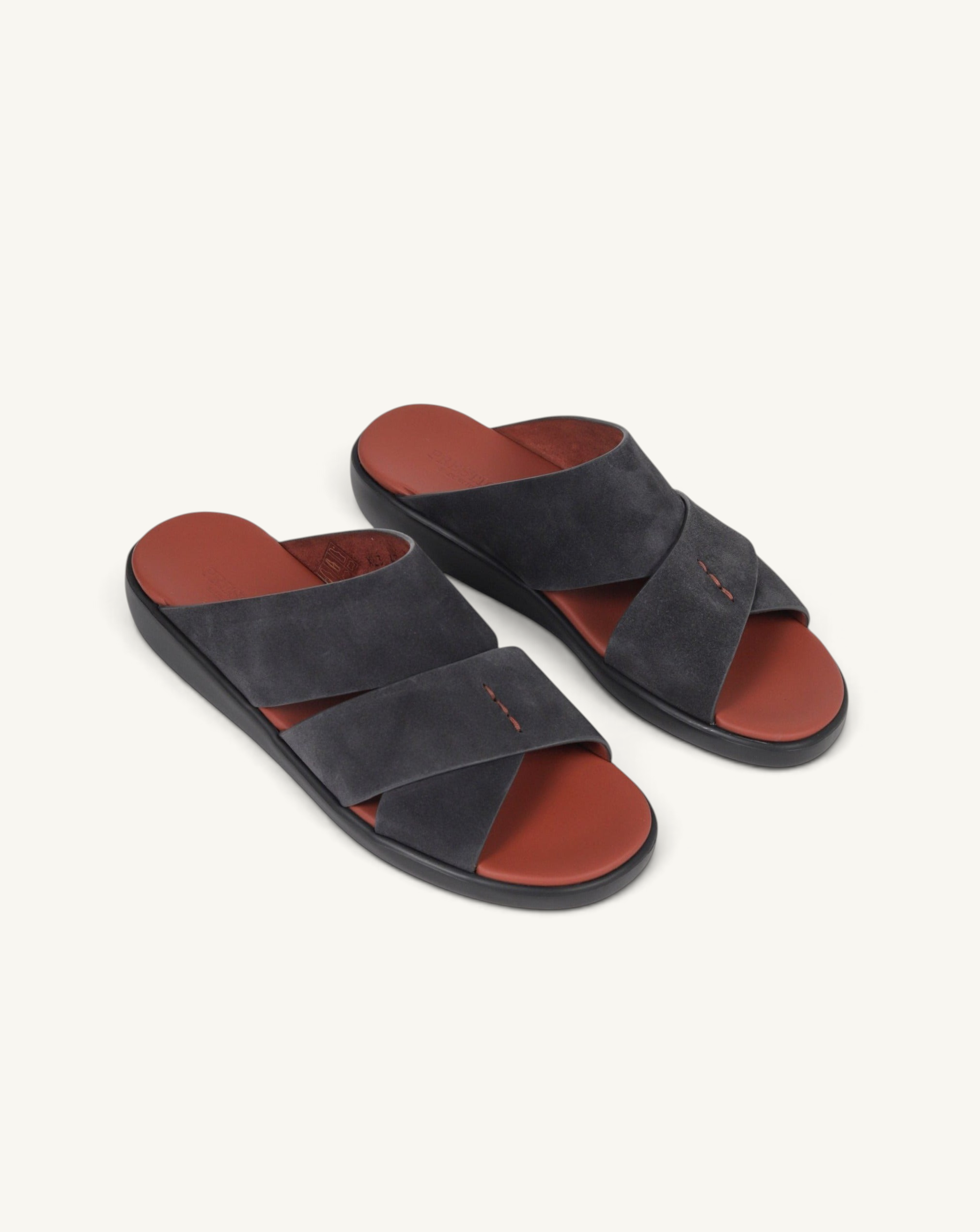 Prestige PVNL-XL3 charcoal grey velour suede slide sandals with a contrasting terracotta footbed and black sole.