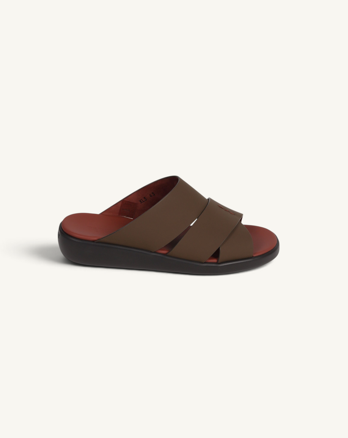 Prestige PG-XL3 slide sandal in copper gommato leather with a dark brown contoured footbed and wide crossover straps.