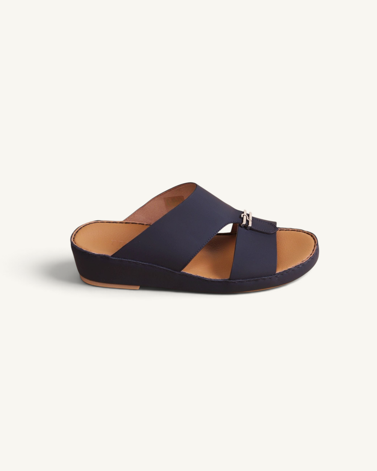 Prestige men classic Cresset sandals in matte black with a metallic buckle detail and tan leather footbed