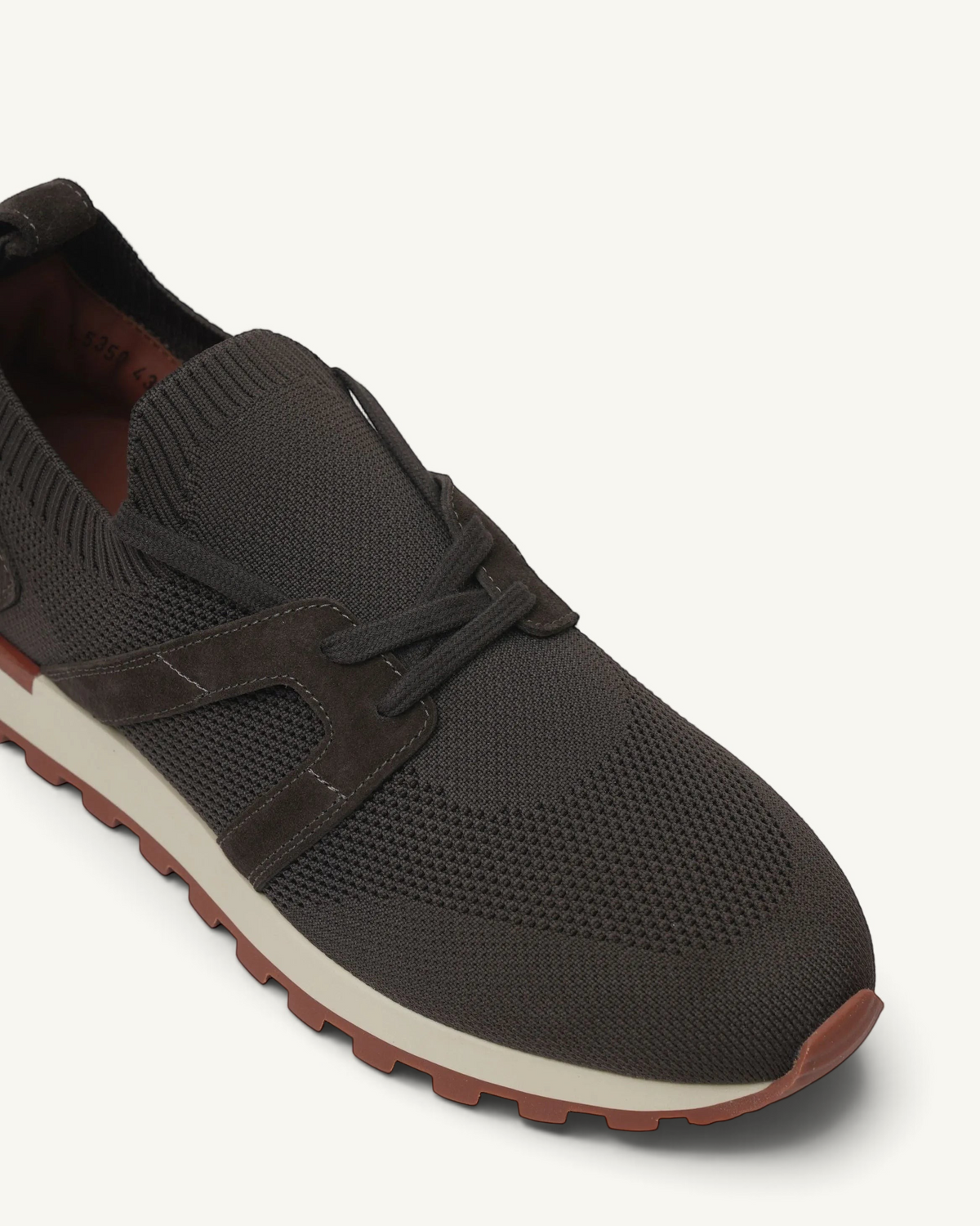 Prestige PS-U5350 Flexy Lux dark brown knit sneakers with suede overlays and a chunky white and brown rubber sole.