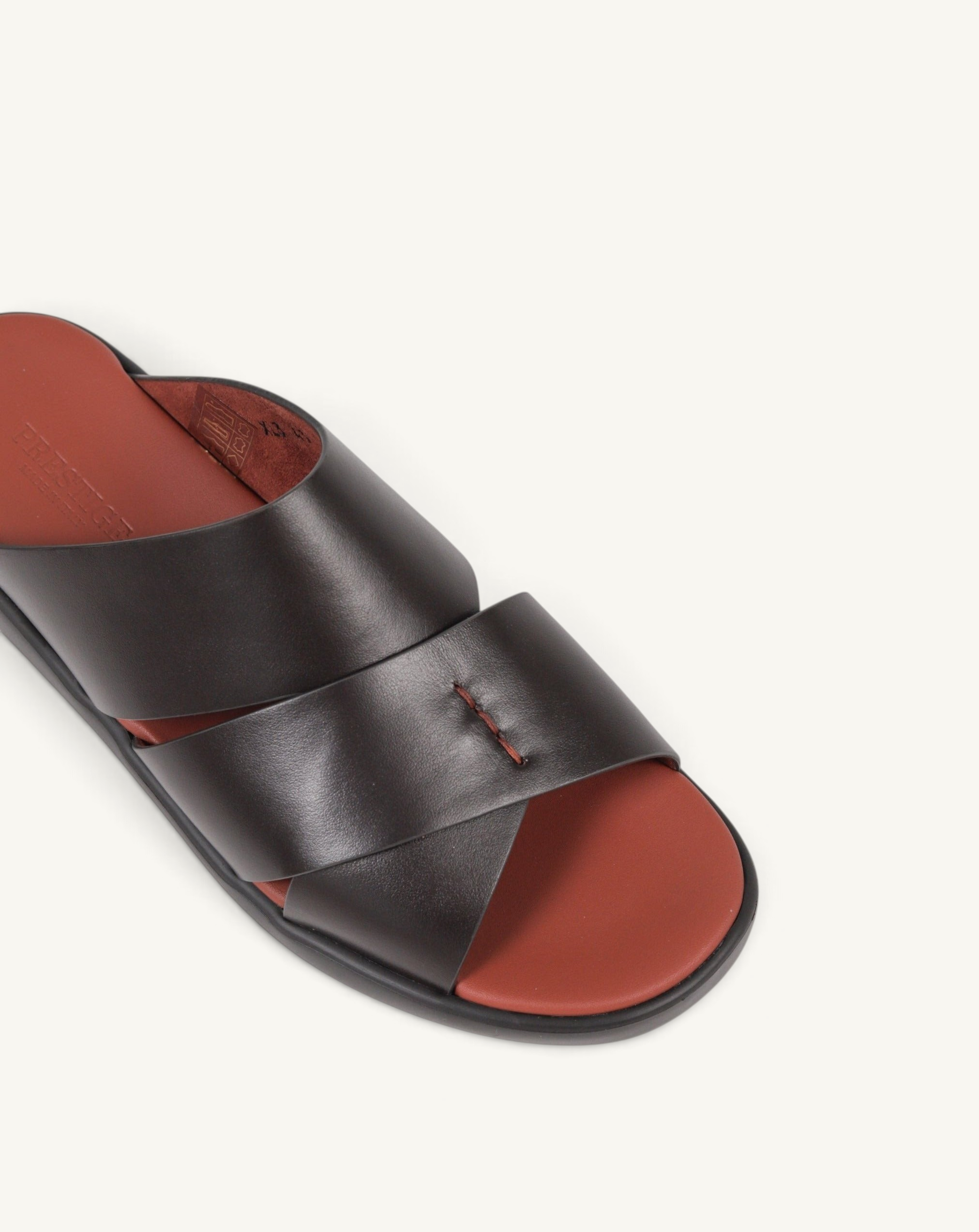Prestige dark brown soft nappa calf leather slide sandals with a contrasting terracotta footbed and cross-strap design