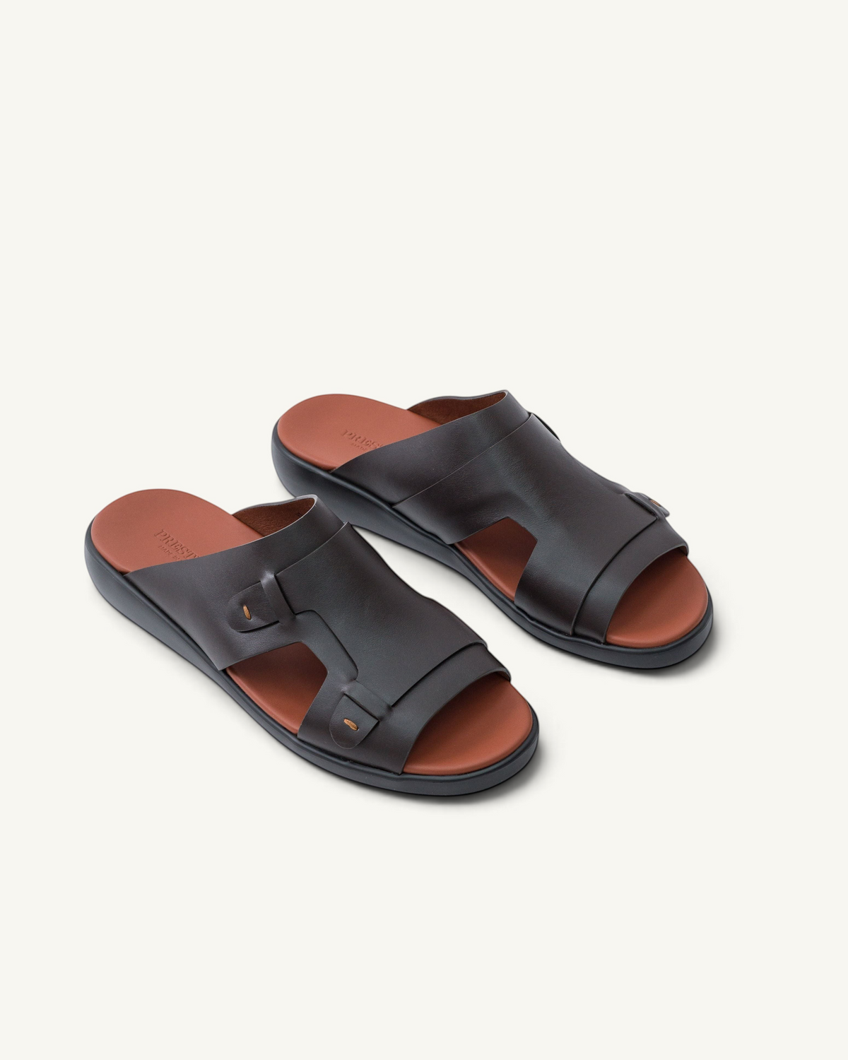 Prestige dark brown soft nappa calf leather slide sandals with a comfortable footbed and minimalist design