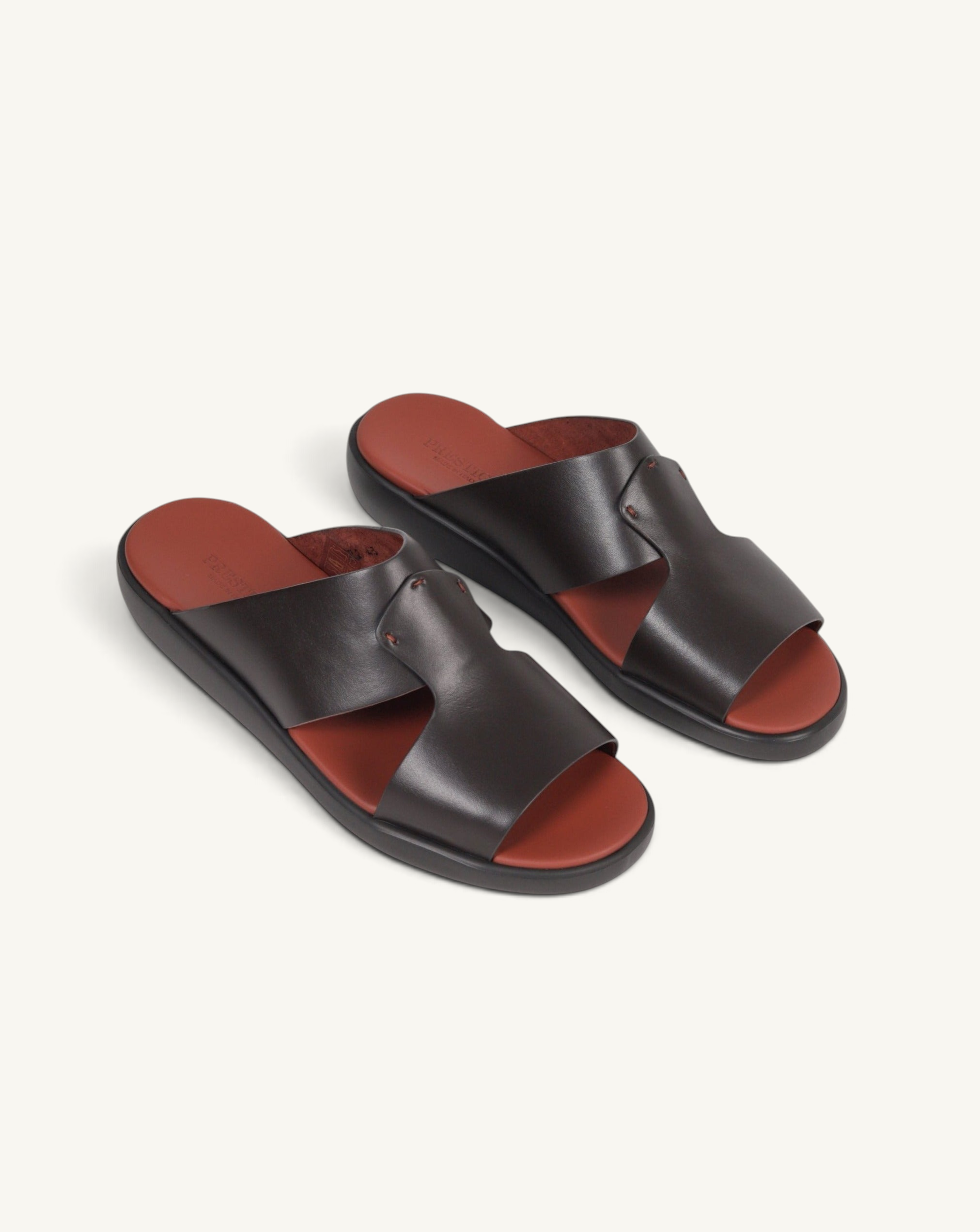 Prestige dark brown soft nappa calf leather slide sandals with a contrasting terracotta footbed