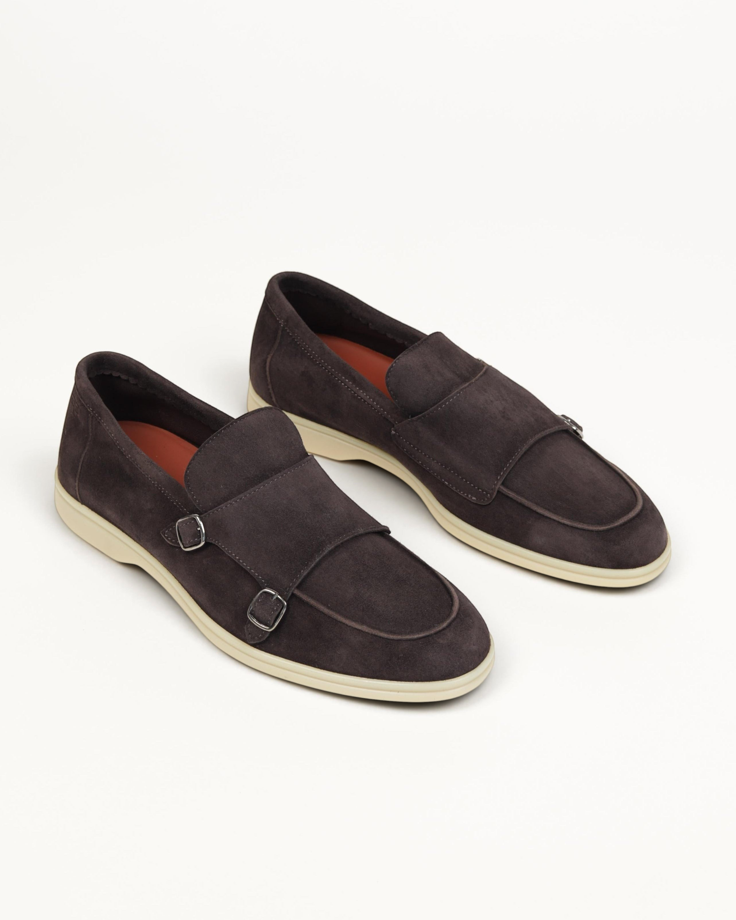 Prestige dark brown velour suede monk strap loafers with silver buckles and a contrasting cream rubber sole