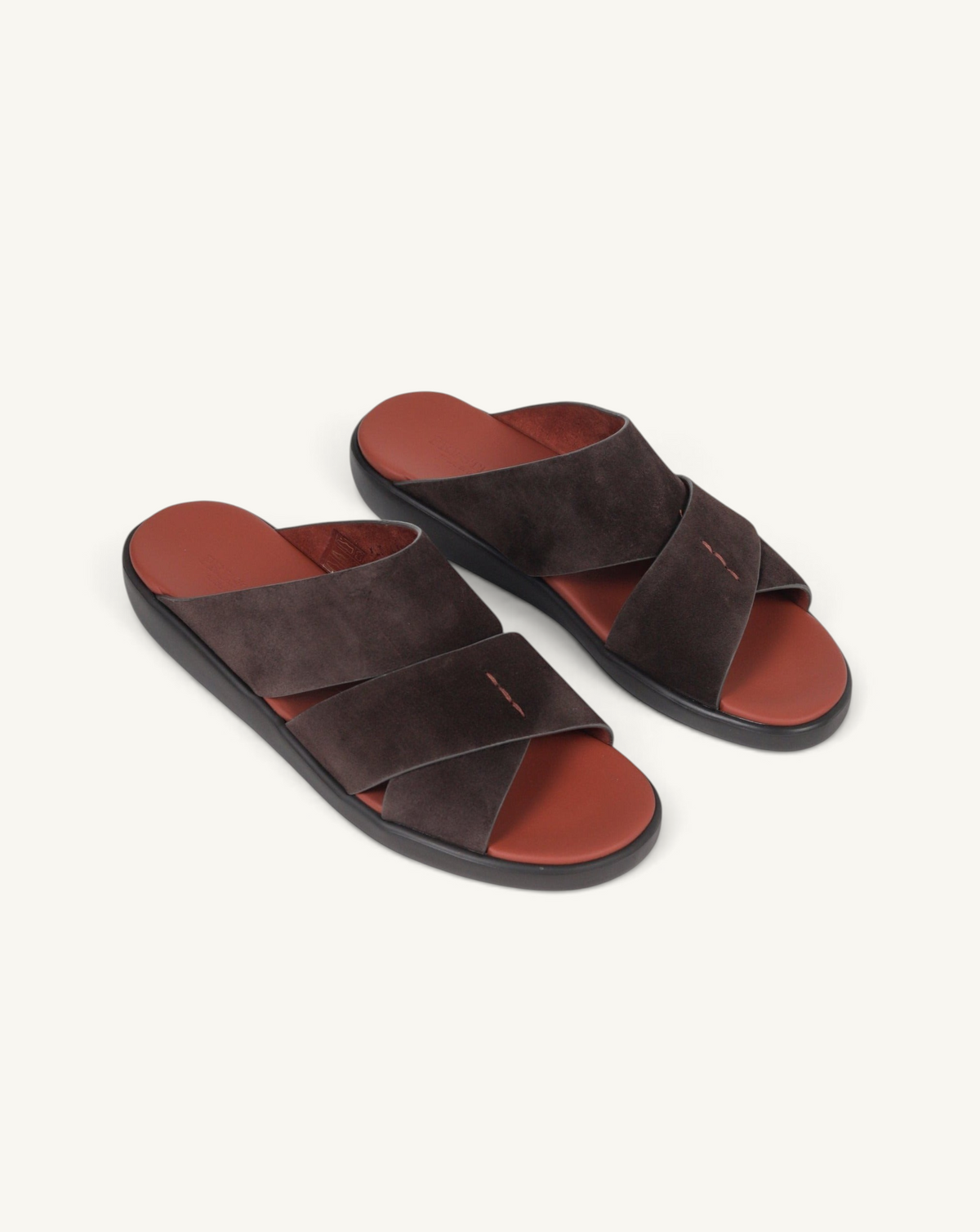 Prestige dark brown velour suede slide sandals with crisscross straps and a comfortable contoured footbed
