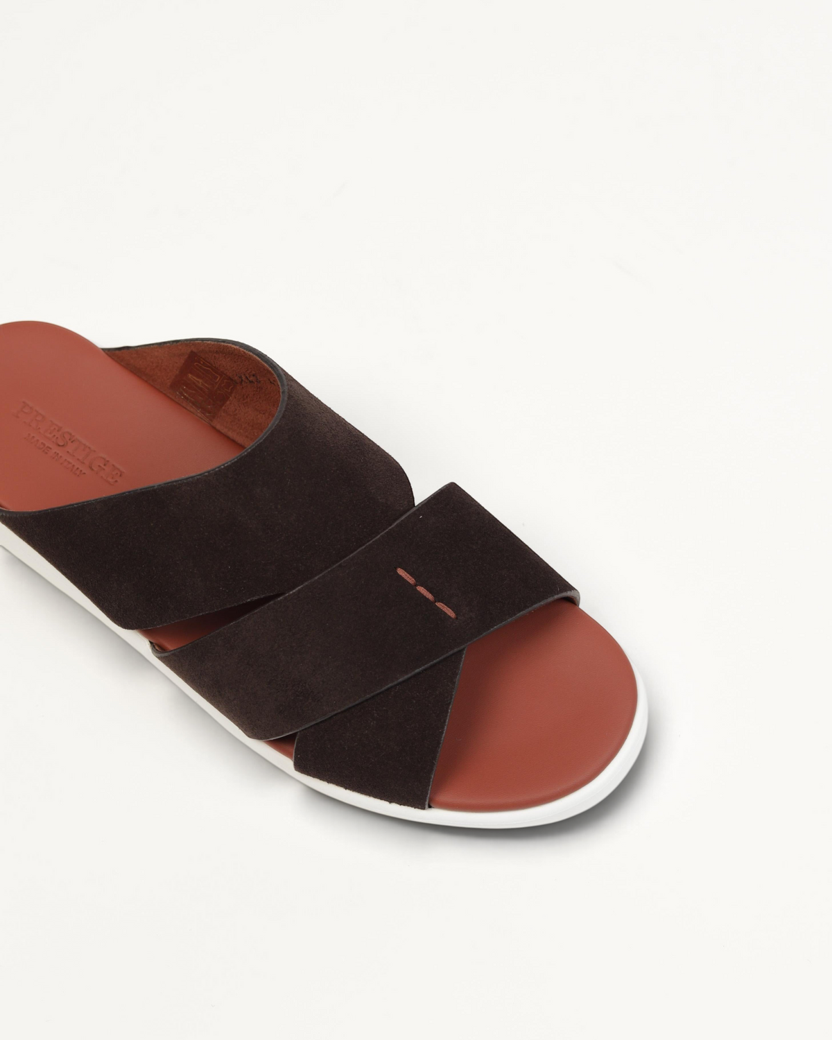 Prestige dark brown velour slide sandals with crisscross straps and a comfortable tan leather footbed