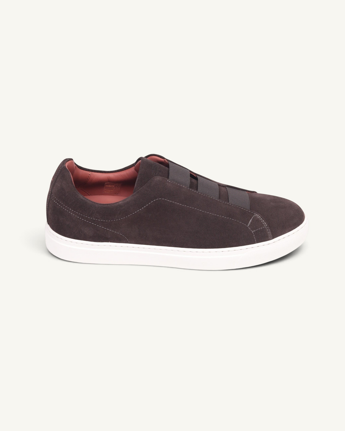 Prestige dark brown velour sneaker featuring triple stitch detailing and a lightweight white rubber sole